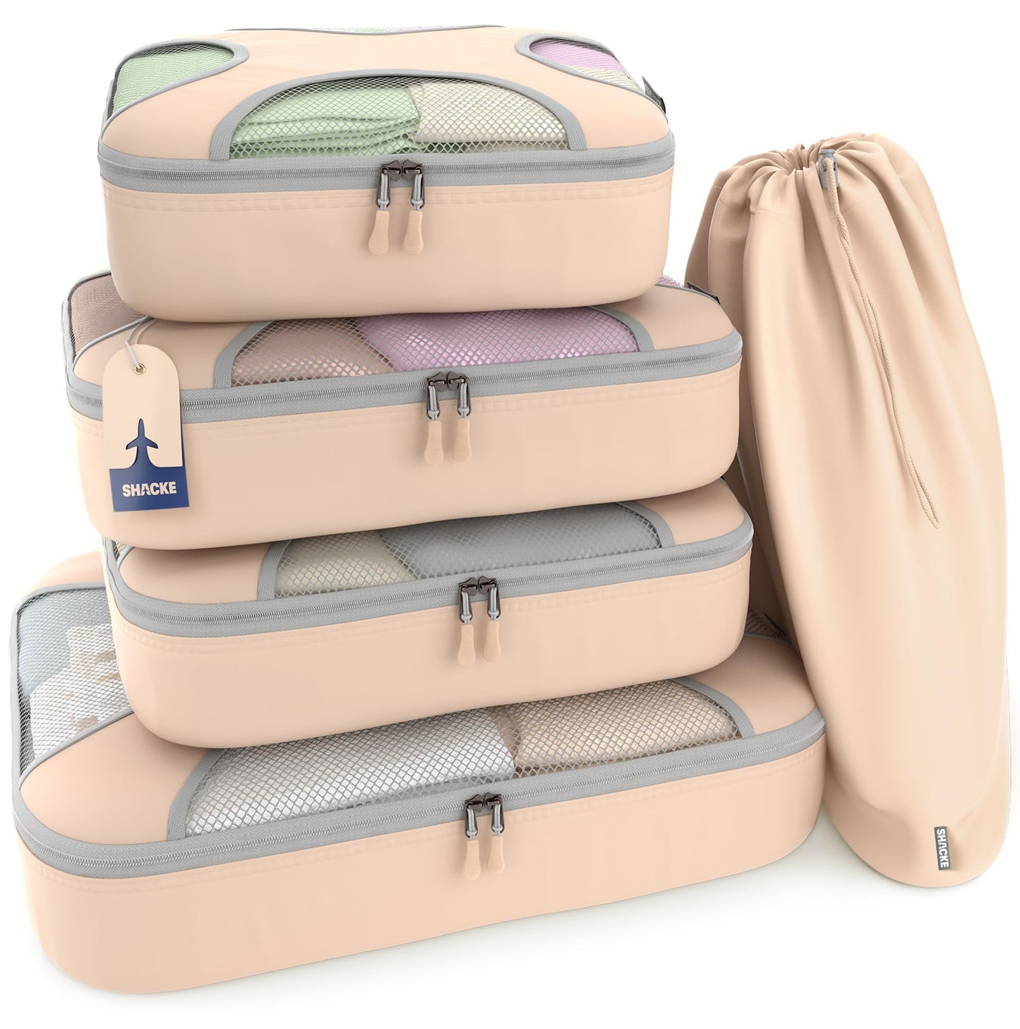 Shacke Packing Cubes for Travel 5 Set - Premium Luggage Organizer Bags - Versatile Travel Organizer for Women and Men - Optimized Packing Bags - Travel Essentials (Nude Beige)