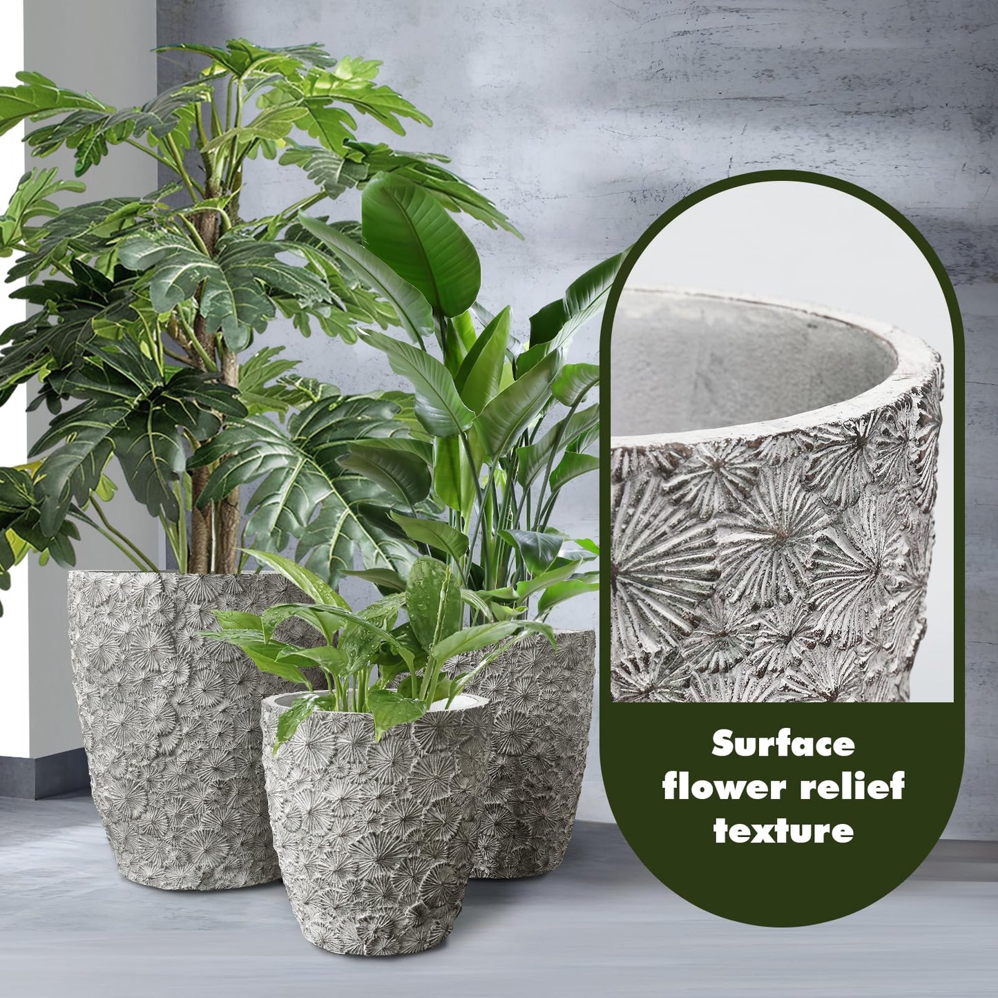 ShangDemonMaster Craft flowerpots 16"+12"+10" Dia Round Concrete Planter Set of 3 Large Outdoor/Indoor Planter Pots Containers with Drainage Holes and Rubber Plug for Home Garden (Grey, Large)