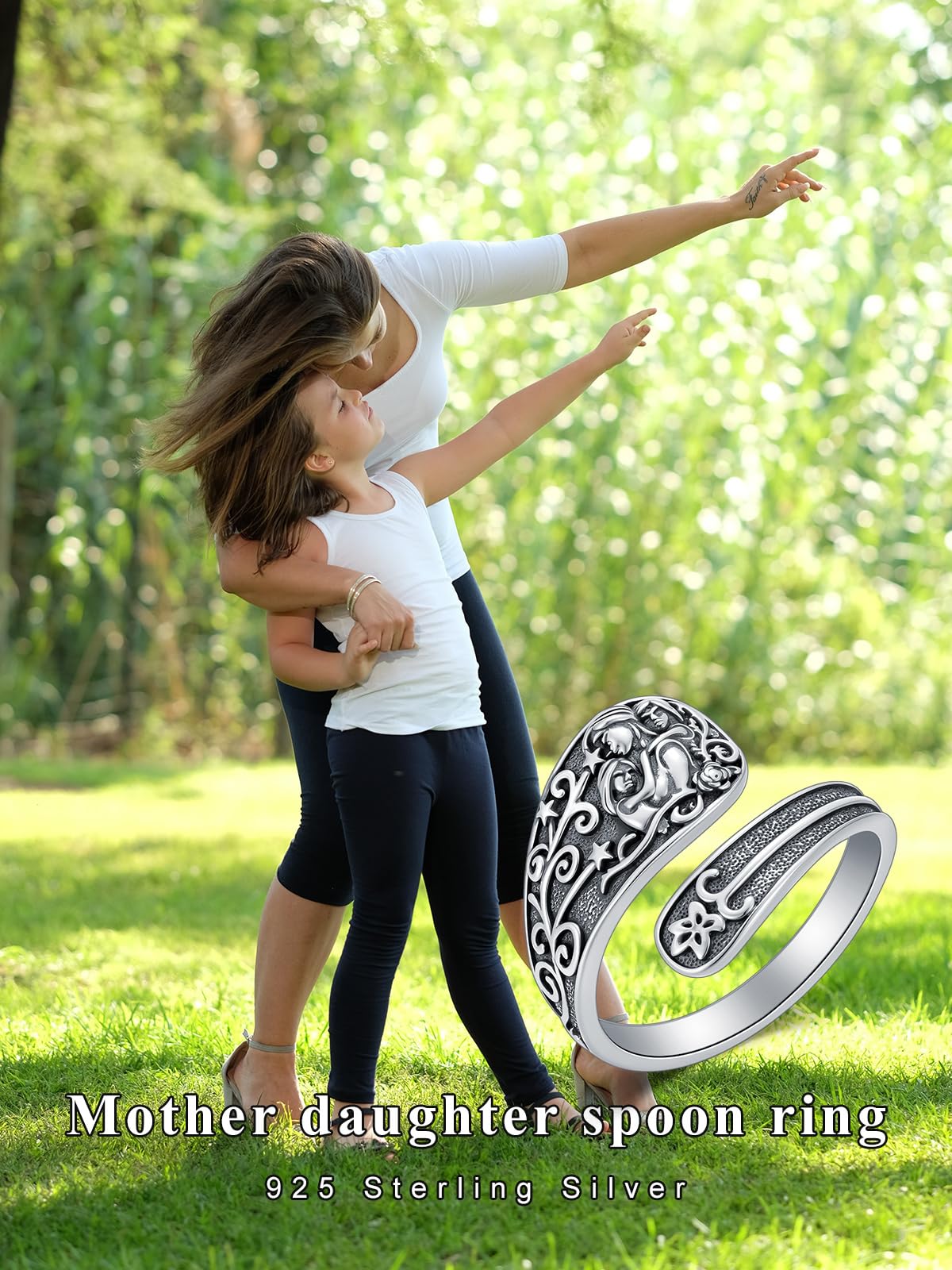 Midari Mother Daughter Rings 925 Sterling Silver Adjustable Mother Spoon Thumb Rings for Women Vintage Mama Two Daughte Jewelry Gift for Mom Daughter Grandma