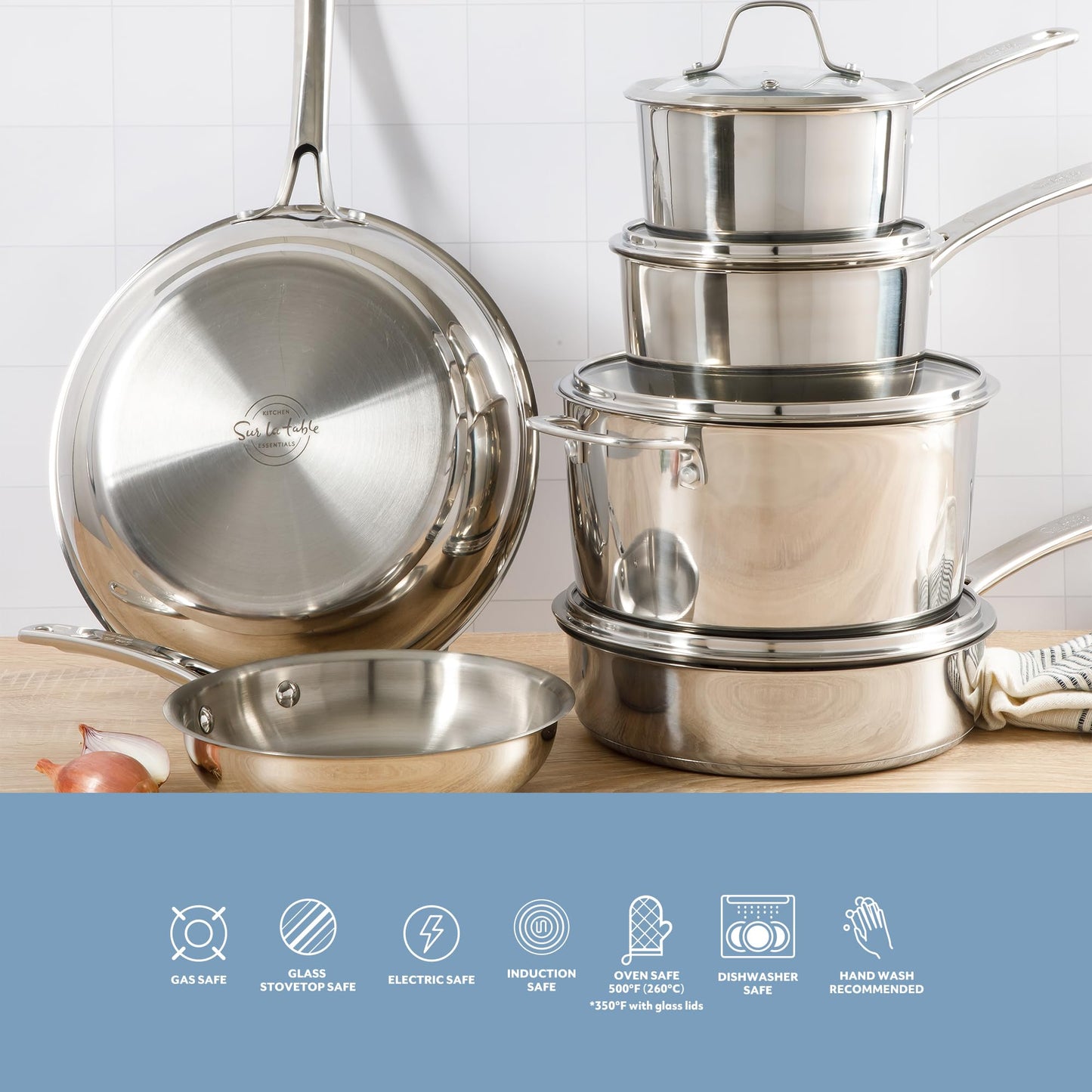 Sur La Table Kitchen Essentials Chef's Deck 10 Piece Stainless Steel Non Toxic Pots and Pans Kitchen Cookware Set w/Triply Encapsulated Base - Induction Safe