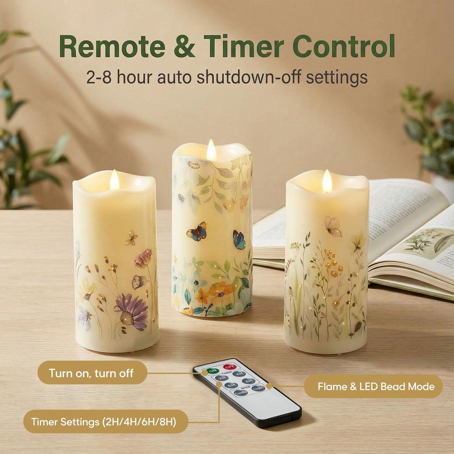 Eywamage Fiber Optic Flameless Pillar Candles with Remote Set of 3, Butterfly Floral Spring LED Candles Battery Operated Gift Φ 3" H 6"""