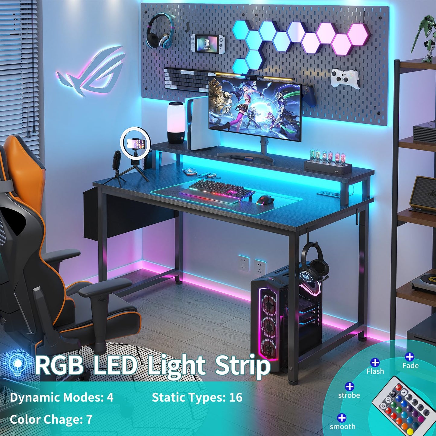 Lufeiya Black Gaming Desk with LED Lights and Power Outlets, 40 Inch Teen Writing Study Table Home Office Desks with Monitor Stand, Computer Desk with Charging Station USB Port, Black