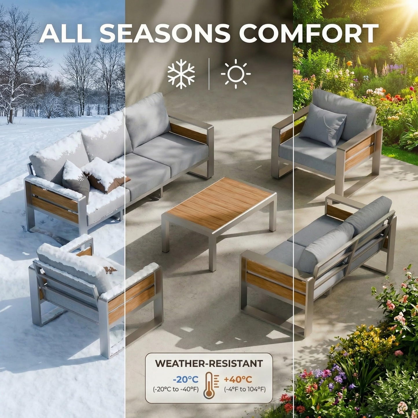 ZANDOR Aluminum Outdoor Patio Conversation Furniture Set, 5 PCS Metal Modern Outside Sectional Lawn Furniture with Coffee Table & Washable Thick Cushions,Seating Sofa for Garden/Backyard/Porch Silver