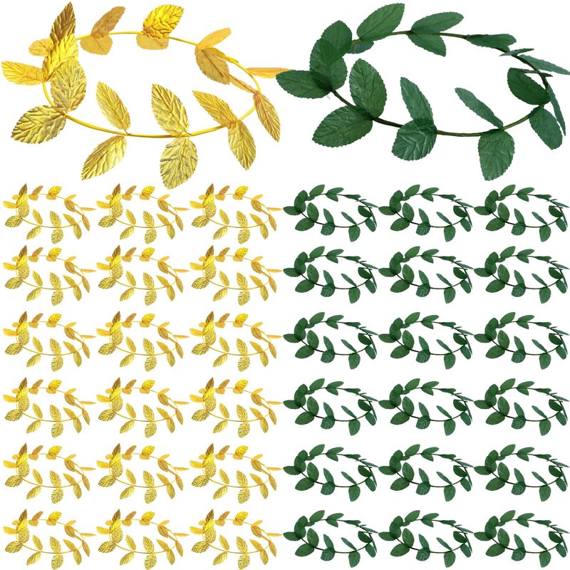 Suncalla 40 Pcs Greek Headband for Toga Party, 7.28 Inch Gold and Green Laurel Wreath Headbands, Greek Roman Goddess Headbands, Golden Leaf Crown Headpiece for Women Toga Party Decor and Photo Props