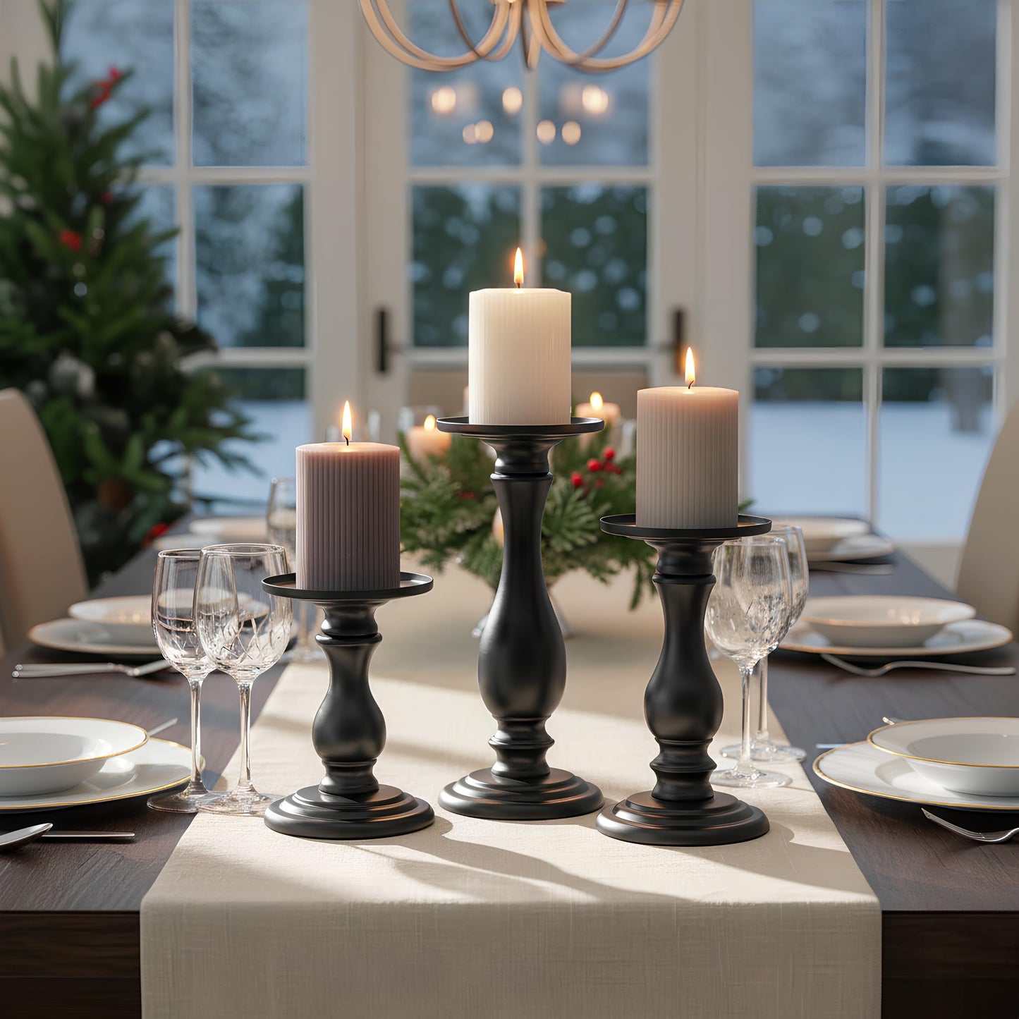 Matte Black Pillar Candle Holders Set of 3-10", 8", 6”H Candlestick Candle Holder Stand, Mother's Day Home Decor Gift for Fireplace/Table Centerpiece/Rustic/Farmhouse