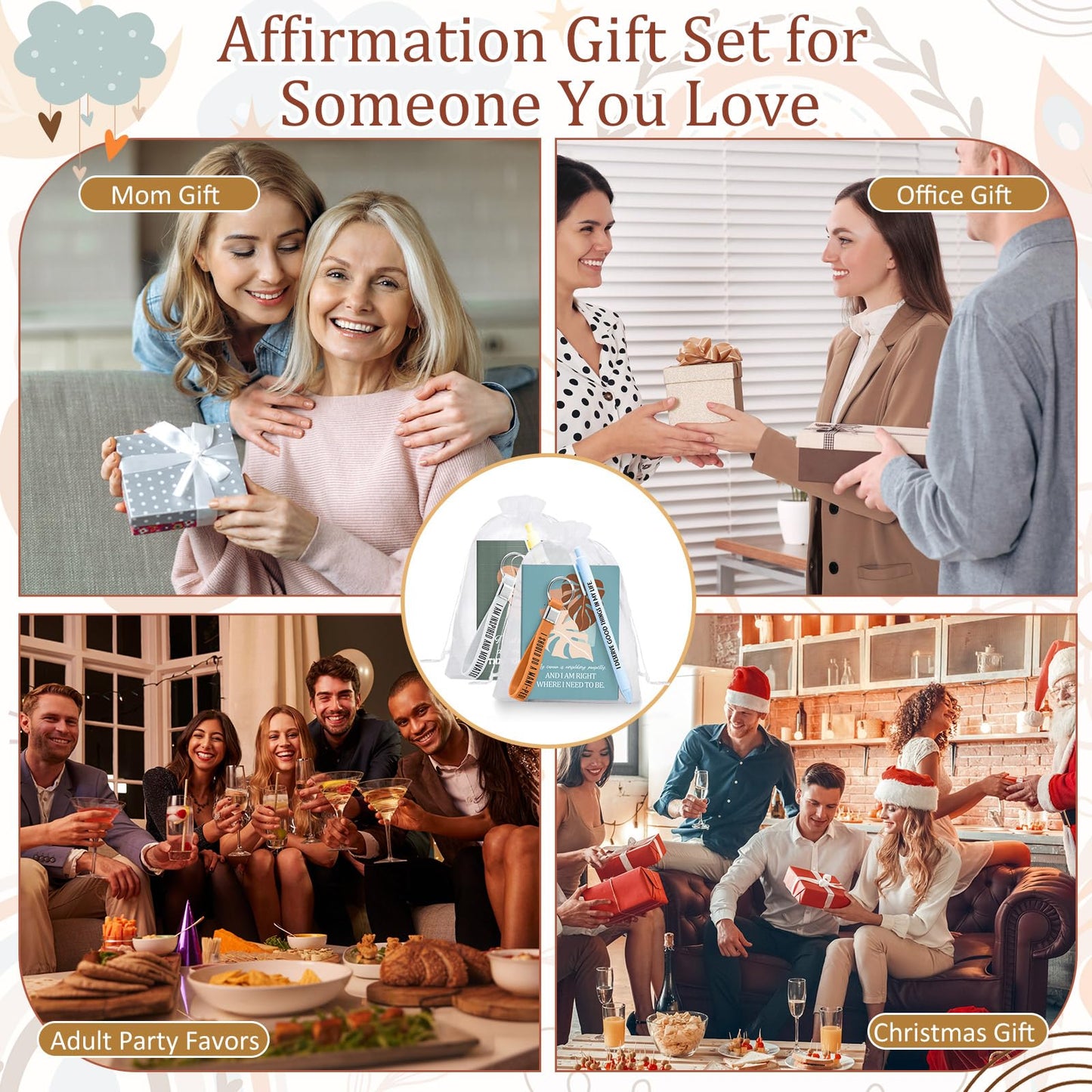 Mooliwe Positive Affirmation Gift Set Gratitude Notebooks with Pens Keychains Small Bags Motivational Party Favors for Adult Women Coworkers Employee Group(24 Set,Plant)
