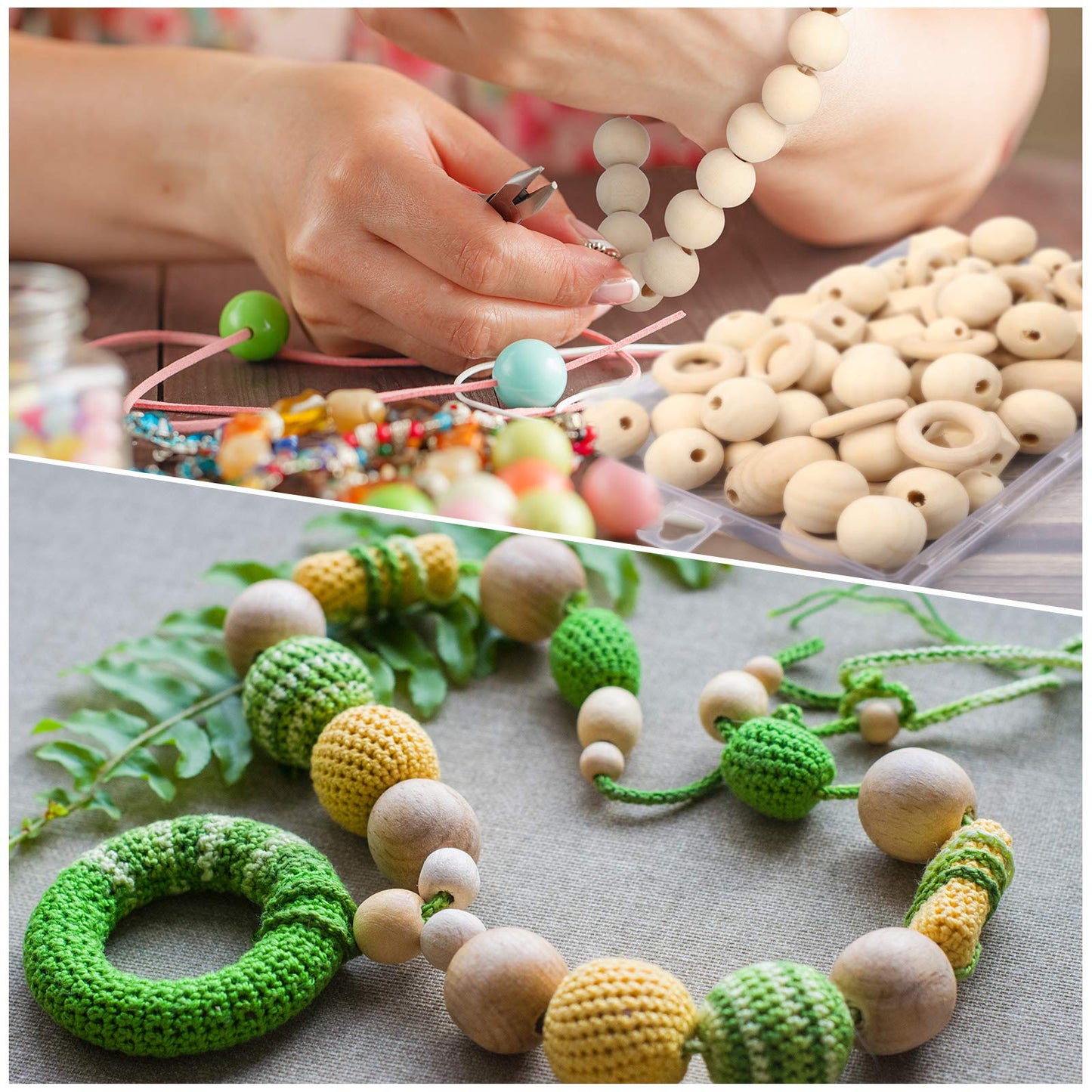 200 Pcs Natural Wood Beads Bulk 4 Styles Round Wood Hexagon Polygon Wooden Bird Spacer Unfinished Geometric Beads for DIY Crafts Garland Jewelry