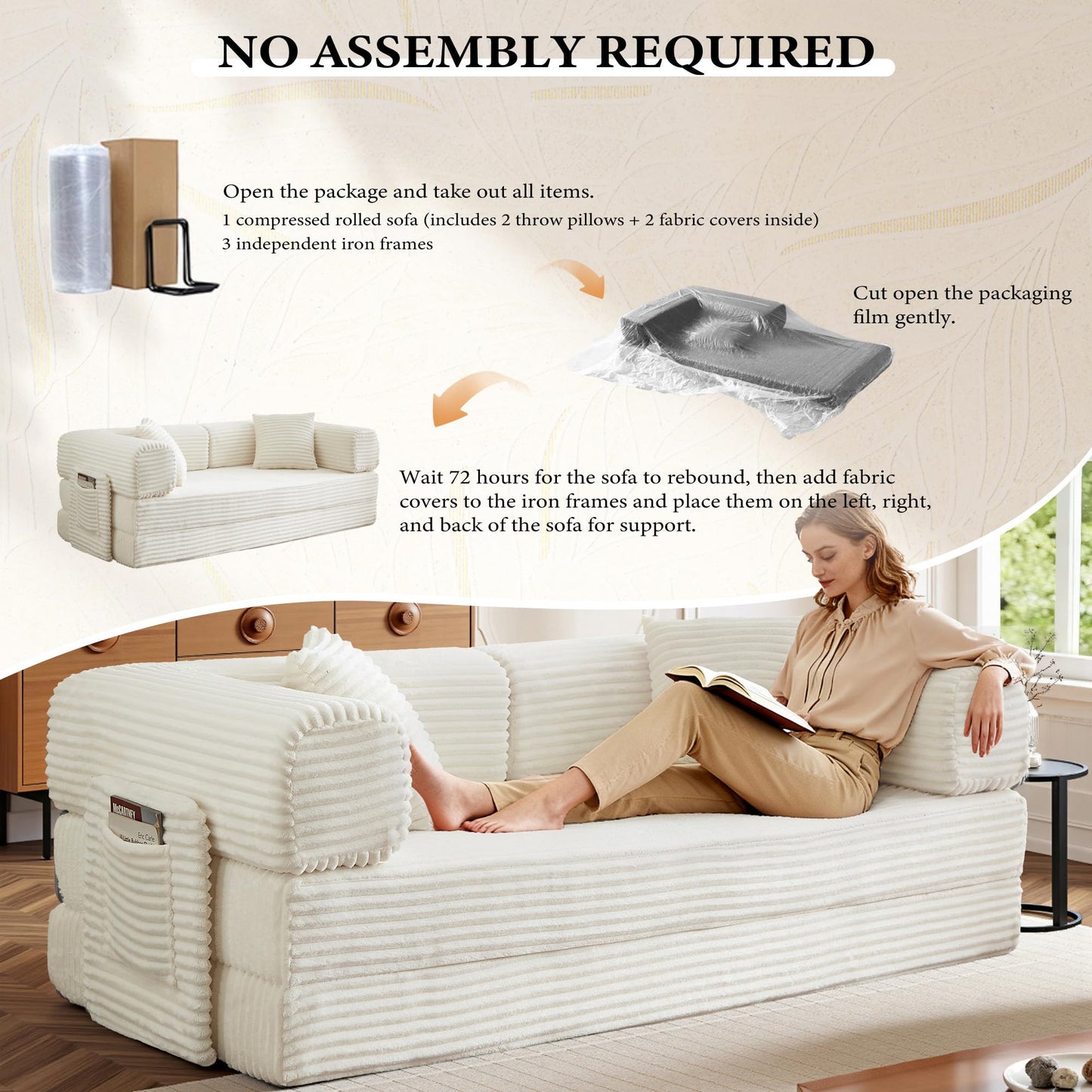 AUGOP Boneless Couch Folding Couches for Living Room Sofa, Futon Sofa Bed with Sleeper Sofa, Futon Couch with Fixed-Shape Oversized Corduroy Upholstered (White, 81 Inches)