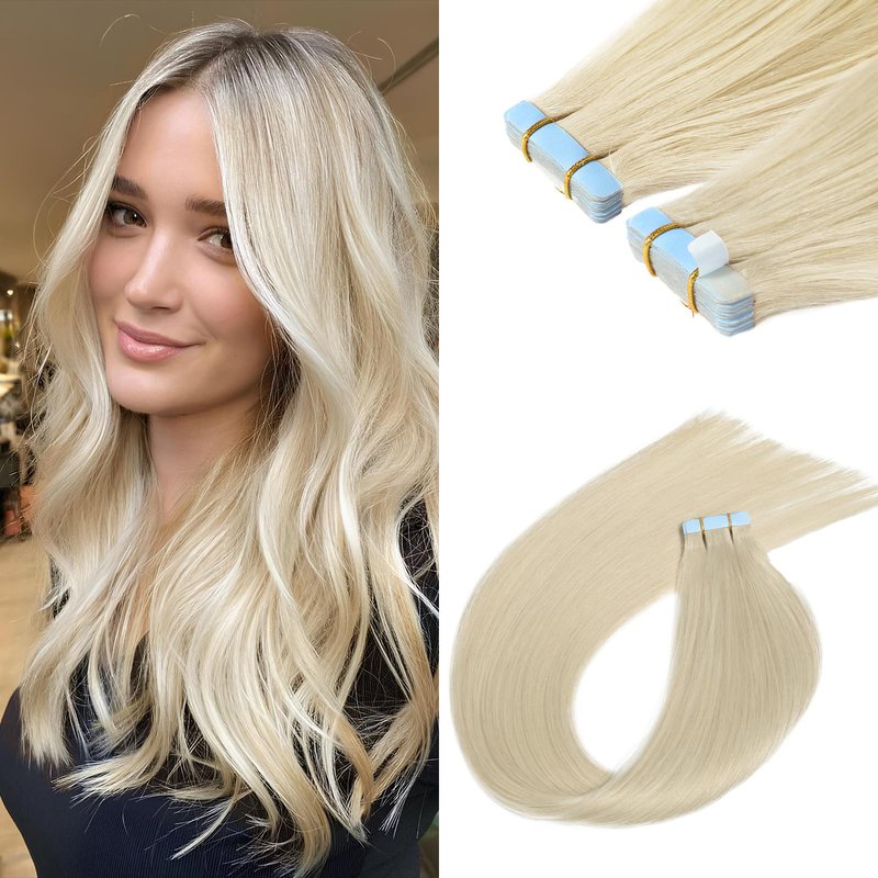 Sunfly Hair Extensions Tape ins 22 Inch 50g Platinum Blonde Human Hair Extensions Invisible Rooted Tape in Real Hair 20pcs #60