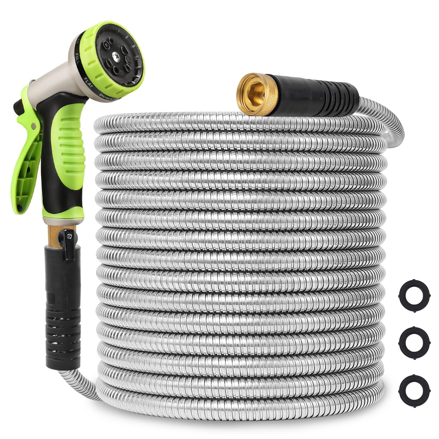Svansea Metal Garden Hose 50ft Stainless Steel Hose Heavy Duty Flexible Water Hose with 10 Way Spray Nozzle Durable 3/4 Solid Brass Fittings-Outdoor Yard Lightweight No Kink Collapsible Water Pipe