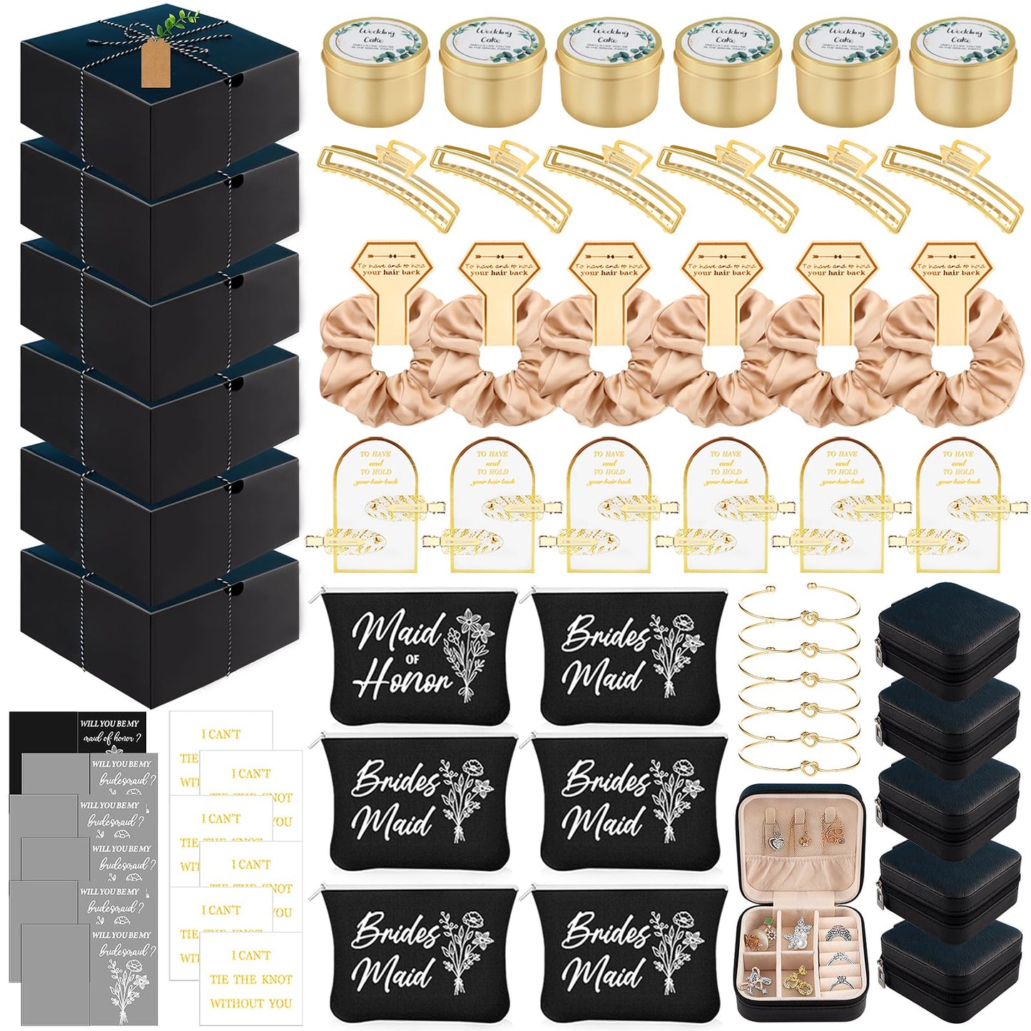 CITYCHALET 73Pcs Bridesmaid Gifts Set of 6 Black,Maid of Honor Proposal Gift Boxes Set,Cosmetic Bag Scented Candle Jewelry Box Metal Hair Clip Knot Bracelet Bachelorette Party Bridal Shower