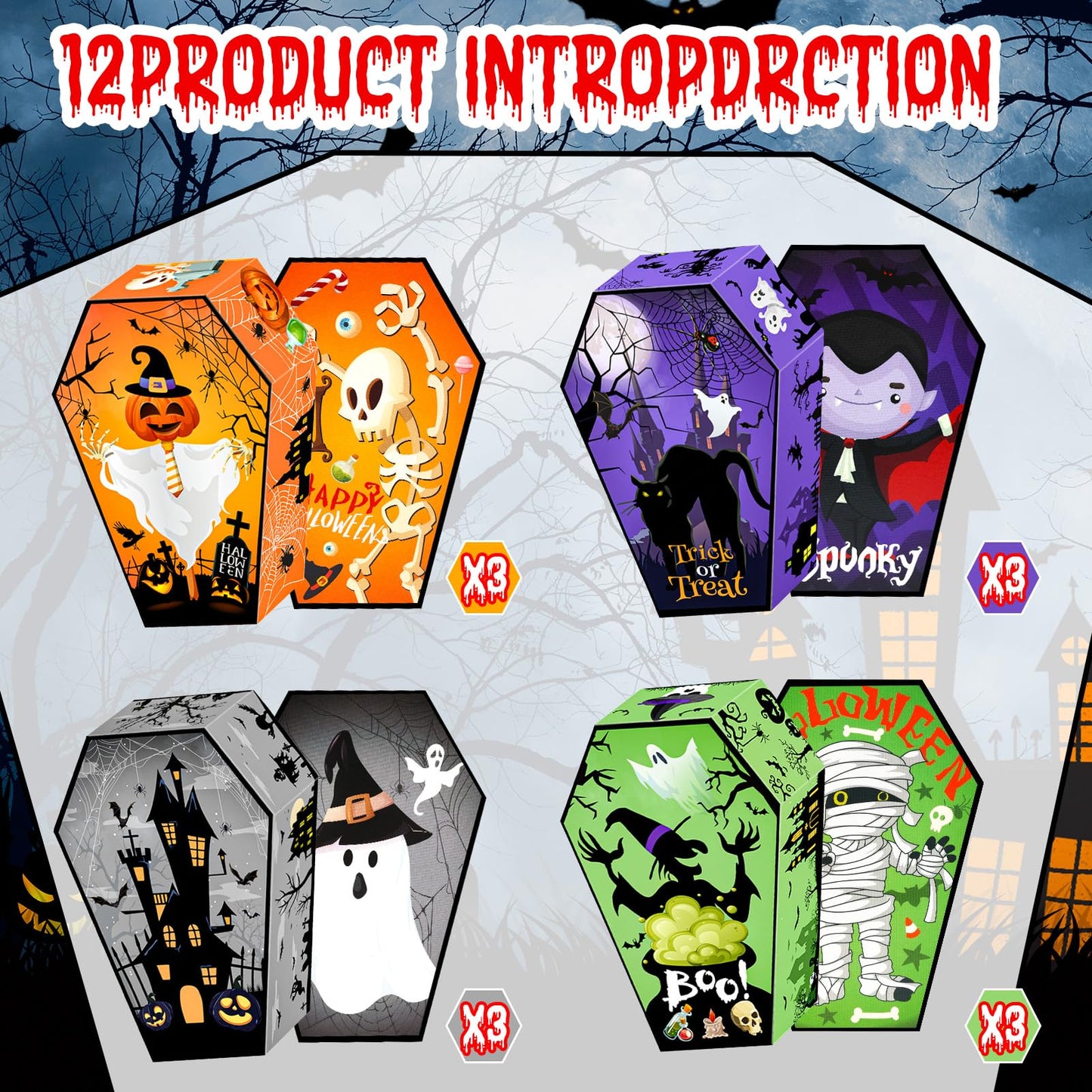 HOWAF 12 PCS Halloween Candy Boxes Coffin Shape Treat Paper Boxes Skull Bat Ghost Goodie Boxes for Happy Halloween Party Decoration Supplies Spooky Halloween Trick or Treat Gift Box