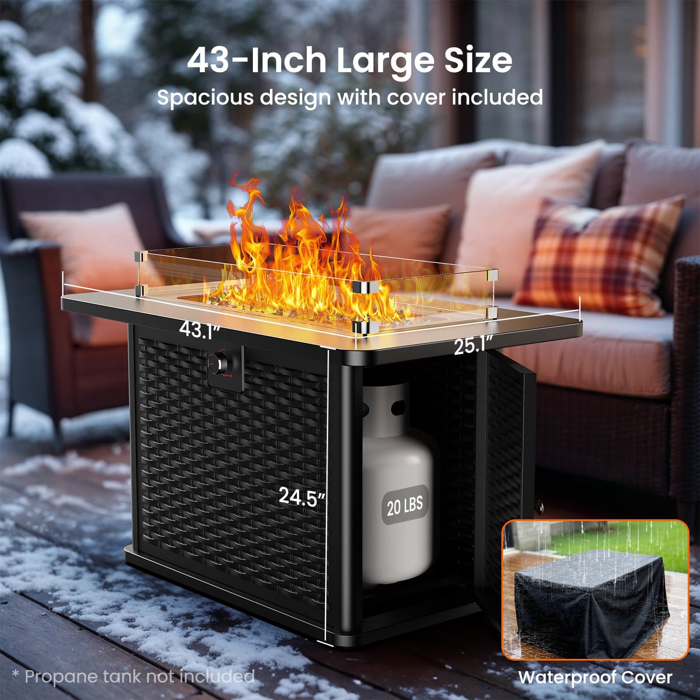 AMADA HOMEFURNISHING 43 Inch Propane Fire Pit Table, 60,000 BTU Gas Fire Pit with Premium Glass Rocks, Wind Guard Glass Shield, Waterproof Cover, Cup Holders, Fire Table for Patio and Garden