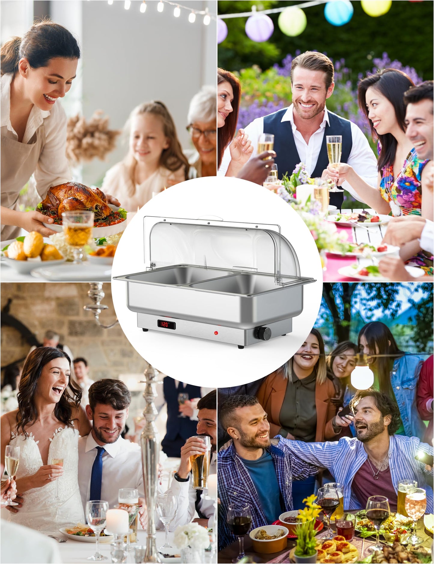 2 PACK Electric Chafing Dishes Adjustable Temp Roll Top Food Warmer with 2 x 4.5 QT Size Pans, Stainless Steel Buffet Servers and Warmers, Temp Display Food Warmer Transparent Lid Chafers for Parties
