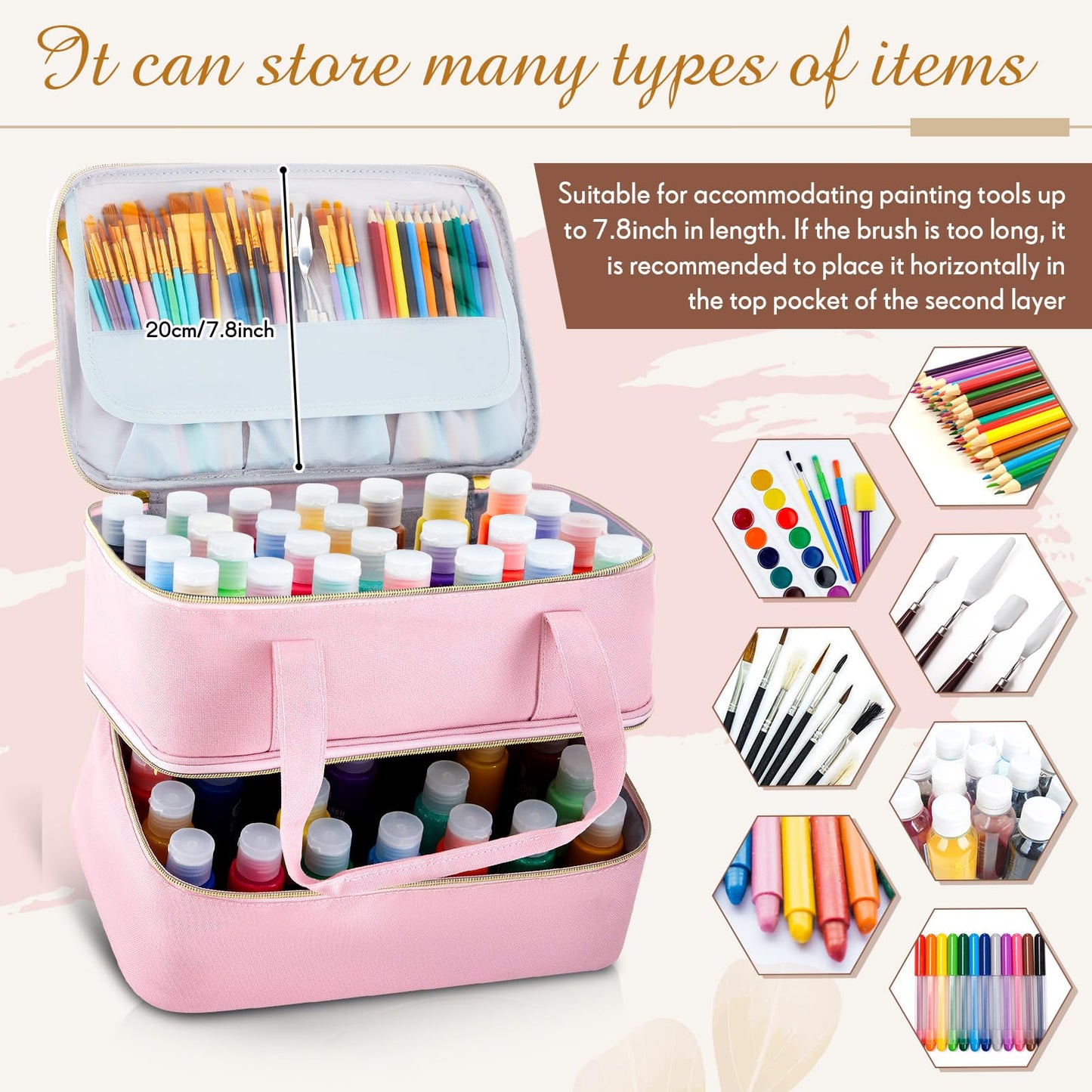 Abbylike Acrylic Paint Organizer Case for up to 56 Bottles (2 Oz) Double Layer Art Supply Storage Bag Alcohol Ink Storage Paint Carry Case with Foam Insert and Inner Pocket(Pink)