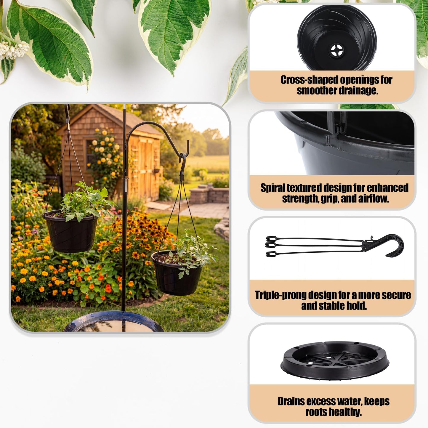 Romooa 8 Pcs 10 Inch Modern Euro Swirl Hanging Planter Uv-Resistant Plastic Hanging Basket Smart Drainage Lightweight Indoor Outdoor Flower Pots for Garden Porch Balcony Patio Home Decor (Black)