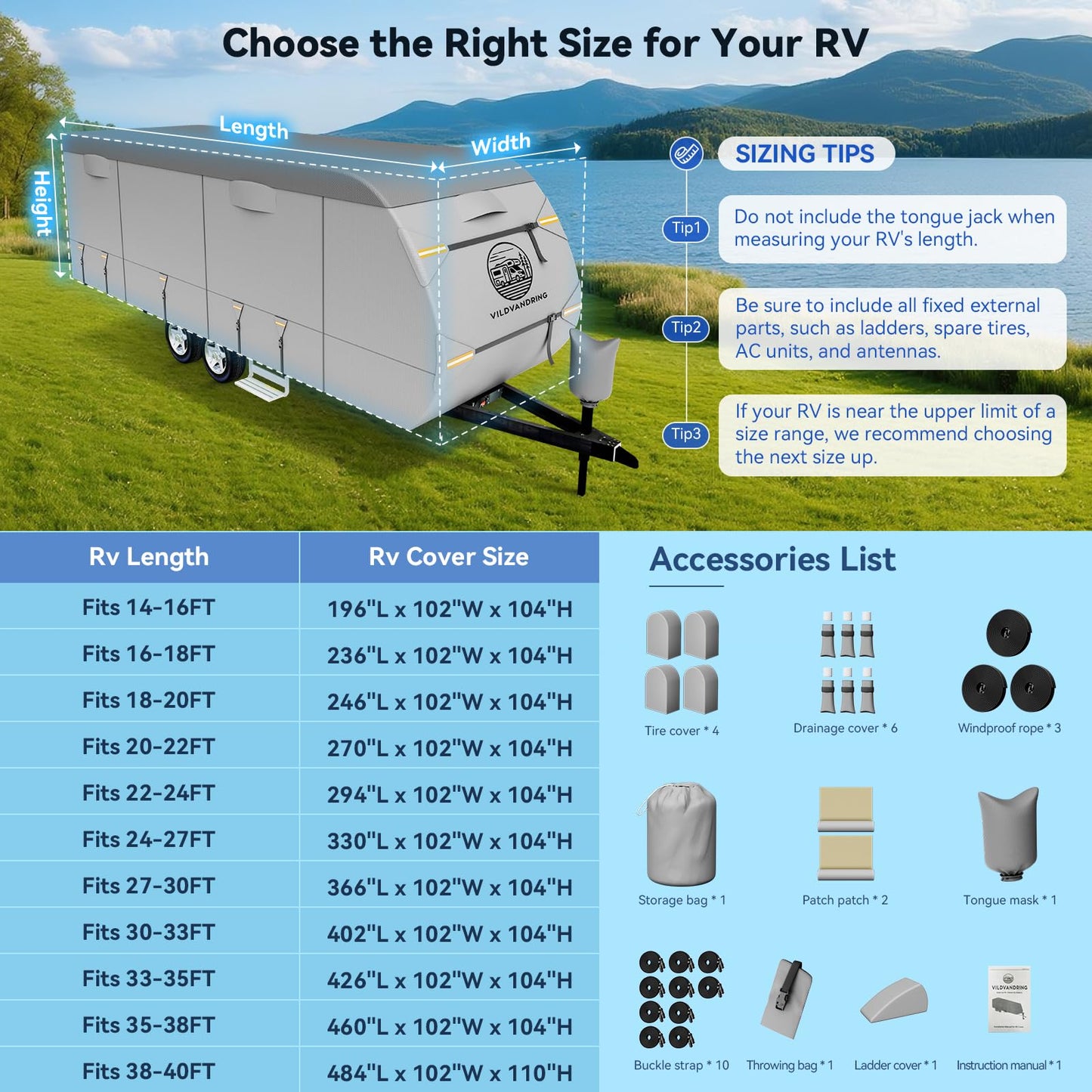 Heavy Duty Travel Trailer RV Cover 24-27ft, Rv Trailer Cover 8 Layers Breathable Waterproof Rip-Stop Camper Cover with Adhesive Repair Patches, Gutter, Tire & Additional Straps