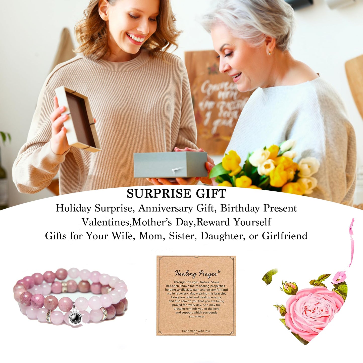 GDLKPYHS Picture Bracelet Personalized Photo - Healing Bracelets for Women - Rose Quartz Bracelet - Healing Prayers Crystal- Mothers Day Gifts Birthday Gifts For Women Bracelets With Photos