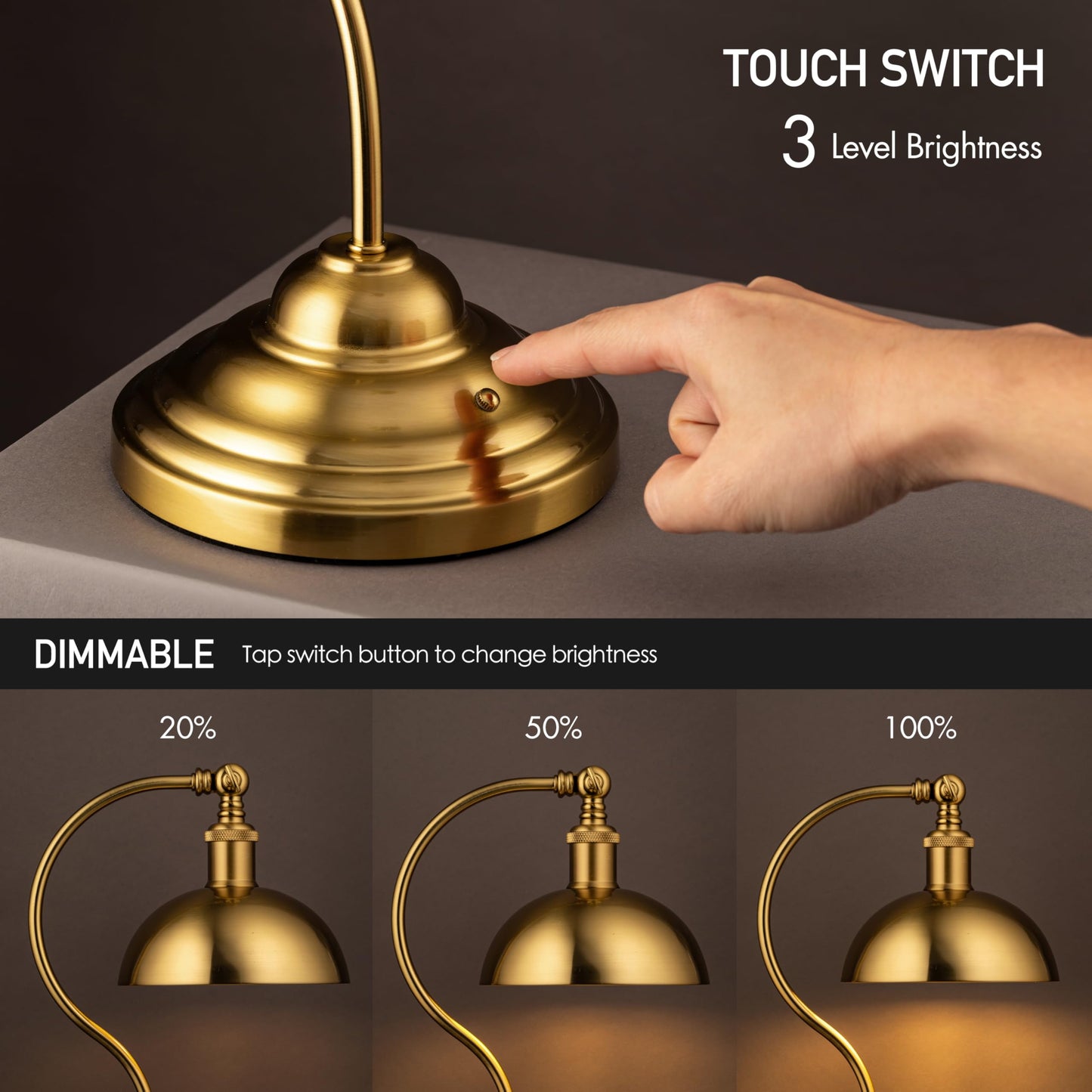 O'Bright Bankers - Cordless LED Table Lamp, Battery-Operated, Rechargeable, 3-Level Dimming, Universal USB-C Charging, 180° Swivel Head, Luxury Metal Shade, Antique Brass