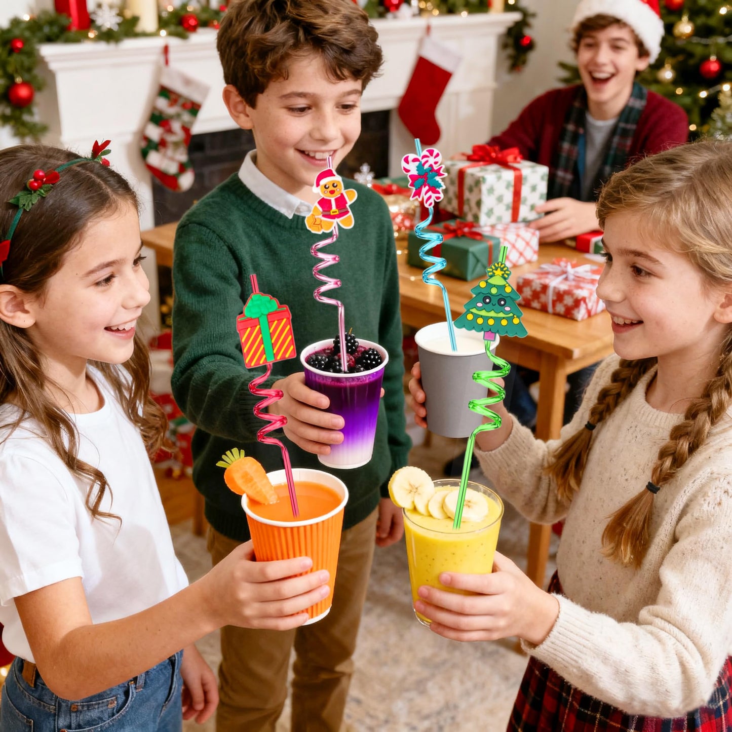 LEDUO 24 Christmas Party Favors Drinking Straws-Holiday Party Supplies-Reusable Xmas Santa Snowflakes Snowman Claus Reindeer Plastic Straw with Cartoon Decoration School Party Favors for Kids New Year