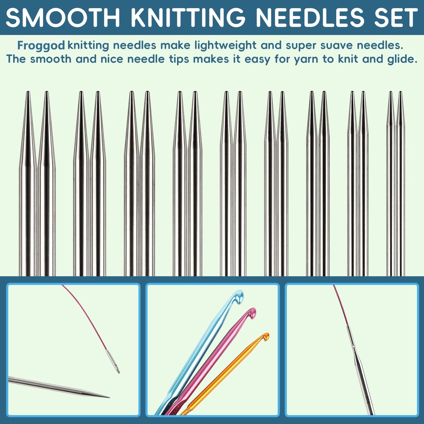 Froggod 4.5-Inch Aluminum Lace Interchangeable Circular Knitting Needle Set, Sizes US 1, 1.5, 2, 2.5, 4, 5, 6, 7 Interchangeable Knitting Needles Lace-Tip with 4 Assorted Cables with Project Bag