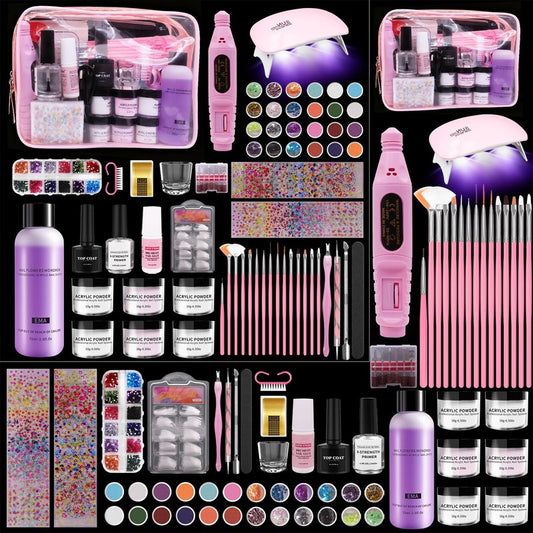 NIQZOPA Acrylic Nail Kit for Beginners: Professional Nail Kits with Everything - Acrylic Powder Liquid Set Nails Starter Kit With Drill and UV Light - Beginner Nail Tech Kit for Home Salon in Pink Bag