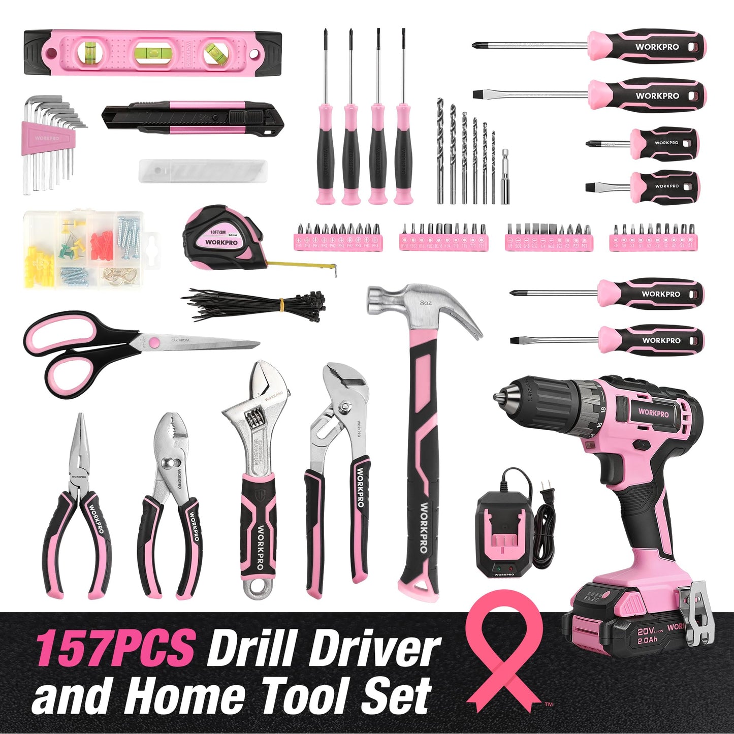 WORKPRO Pink Tool Kit with Drill, Tool Set with 20V Cordless Lithium-ion Drill Driver, Pink Drill Set for Women, 157PCS Home Tool Kit, Lady's Repairing Kit with 14-Inch Storage Bag - Pink Ribbon
