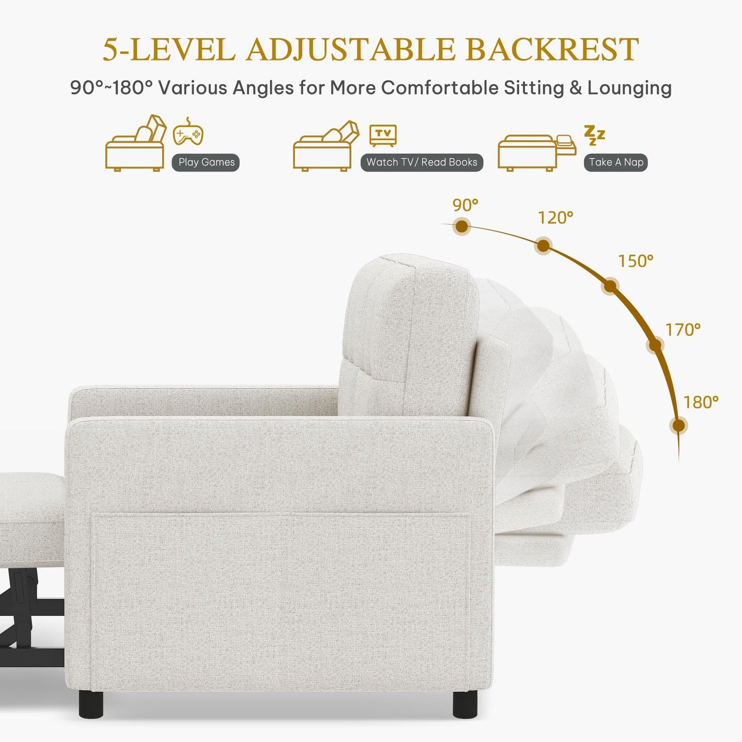 DWVO 55" Convertible Sofa Bed, 3-in-1 Sleeper Sofa with Pull-Out Bed, Linen Futon Couch with Adjustable Backrest and Side Pocket, Modern Loveseat for Living Room Apartment, Light Beige