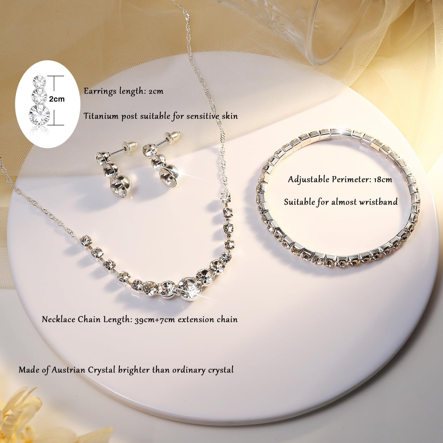 Jstyle 3 Pcs Silver Jewelry Set for Women Wedding Bridal Necklace Earrings Bracelet with Crystal CZ Hypoallergenic Prom Jewelry Set for Bride Bridesmaid Party Birthday Accessories Style 1