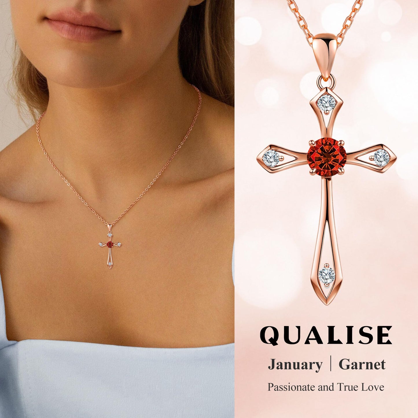 QUALISE Cross Necklace for Women,925 Sterling Silver Birthstone Necklace,Garnet-January Birthstone Cross Necklace，Faith Religious Fine Jewelry Valentines Day Gifts Birthday Holiday Gifts for Her