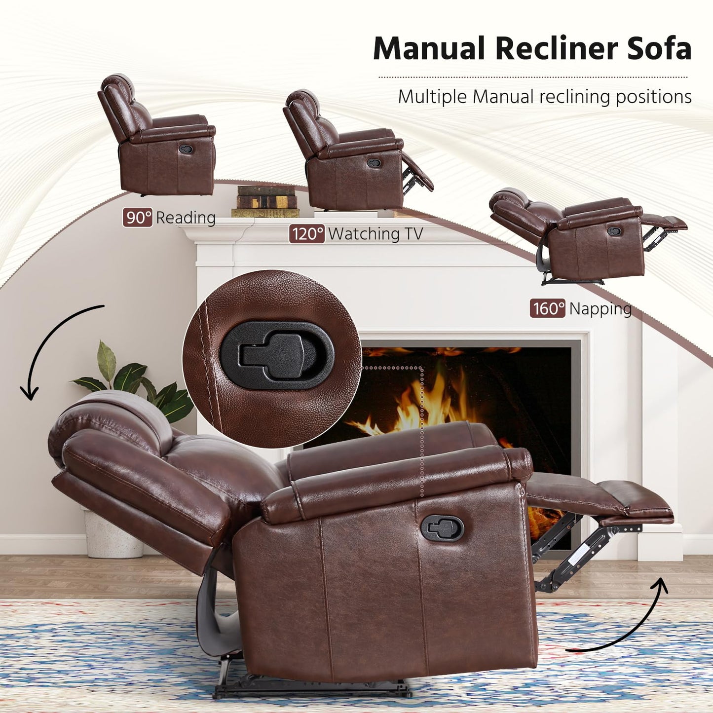 ANJ Premium Genuine Leather Manual Recliner Chair for Adults, Overstuffed Recliners Set of 2 with Padded Backrest, Heavy Duty Reclining Sofa for Living Room, Rust Brown