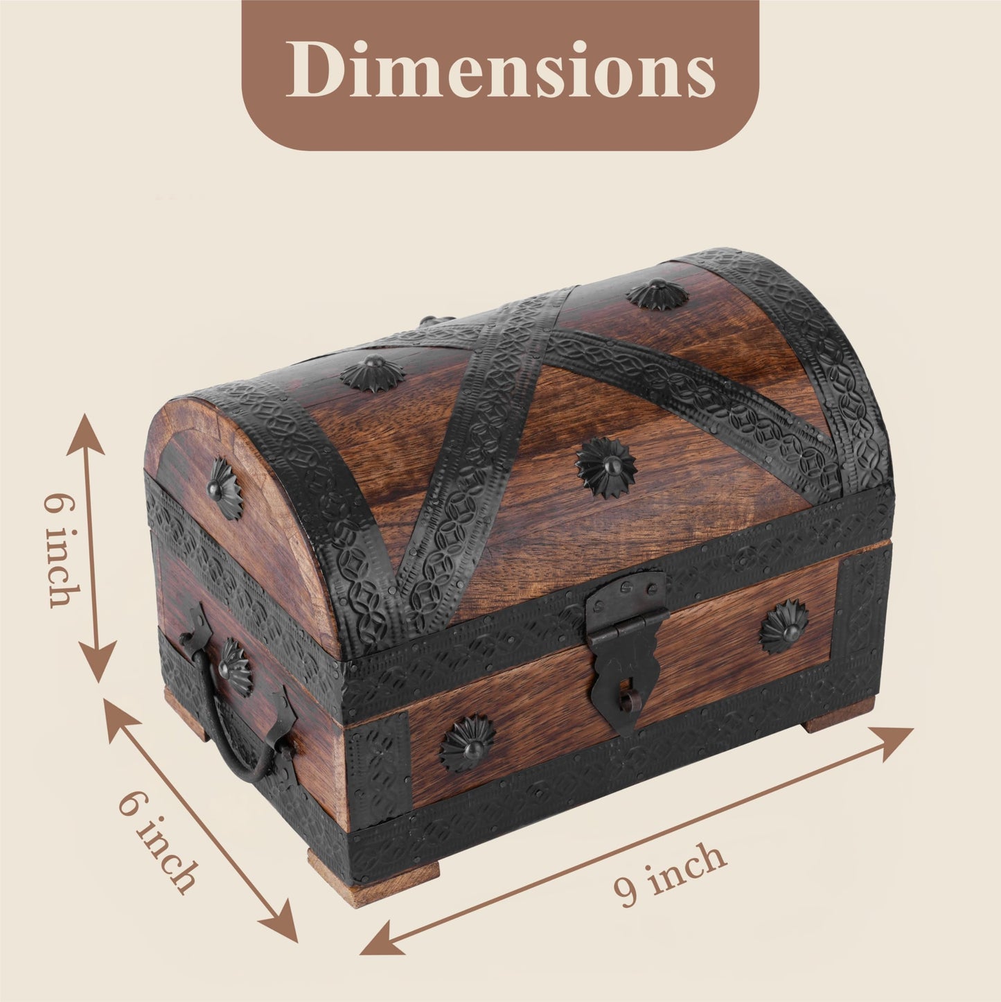 Ajuny Wooden Pirate Treasure Chest Jewelry Box – Handcrafted Vintage Keepsake Organizer with Shell Strips, Perfect for Necklaces, Earrings, and Trinkets, 9x6 Inch Gift Box