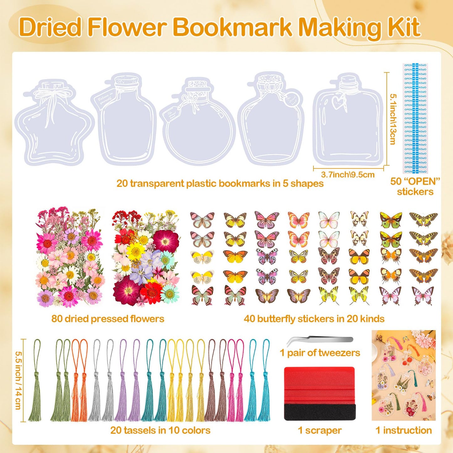 212 PCS Pressed Flower Bookmark Making Kit, DIY Clear Bottle Bookmark Kit with Dried Flower Tassel Butterflies Open Sticker Tweezer, DIY Projects Party Favor Gift for School Reading Adult Book Lovers
