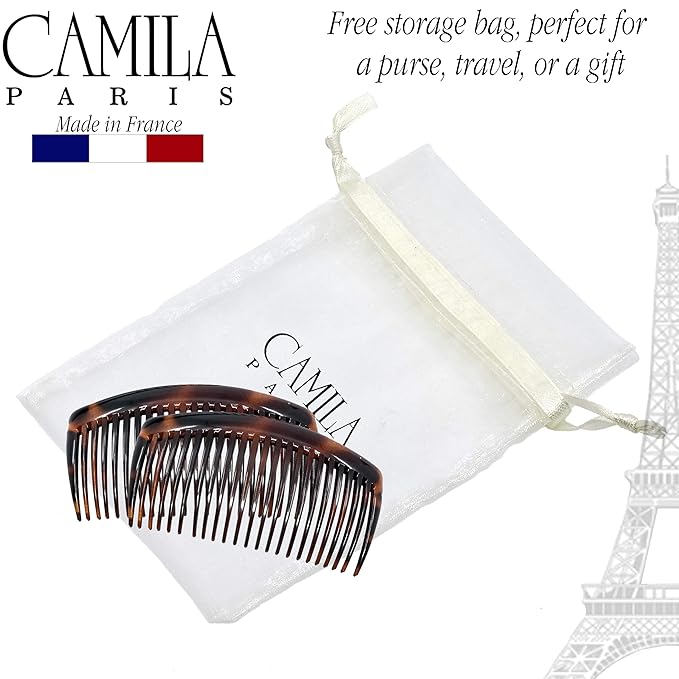 Camila Paris AD66/2 French Side Comb Large Curved Tortoiseshell Hair Combs for Women Fine Hair, 4 Inch Strong Hold Comb for Women Bun Chignon Up-Do Styling Girls Hairstyle Accessories, Made in France
