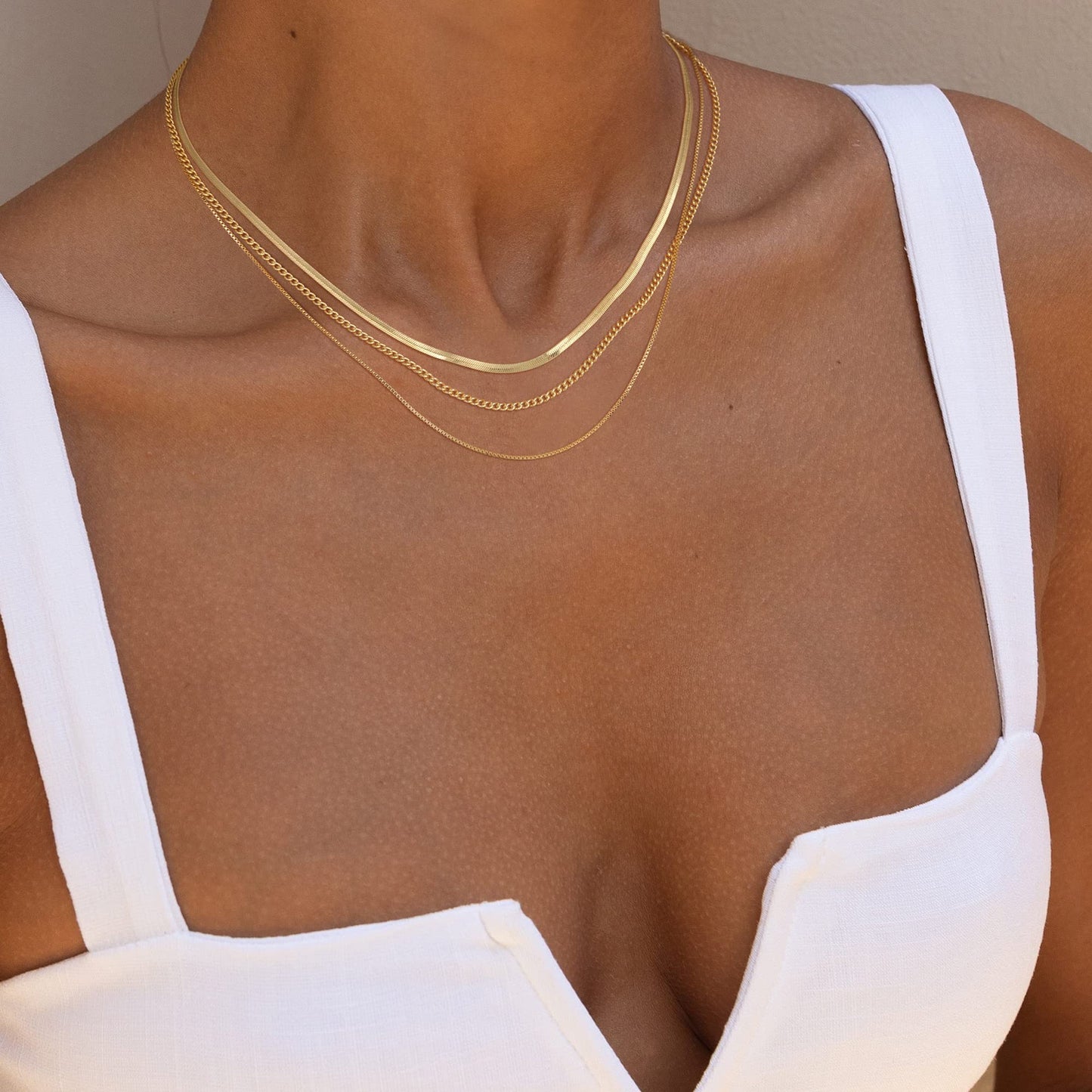 Freekiss Gold Herringbone Necklace, Layered 14K Gold Filled Choker Necklaces, Dainty Snake chain Cuban Link Necklace Set, Simple Gold Jewelry Gifts