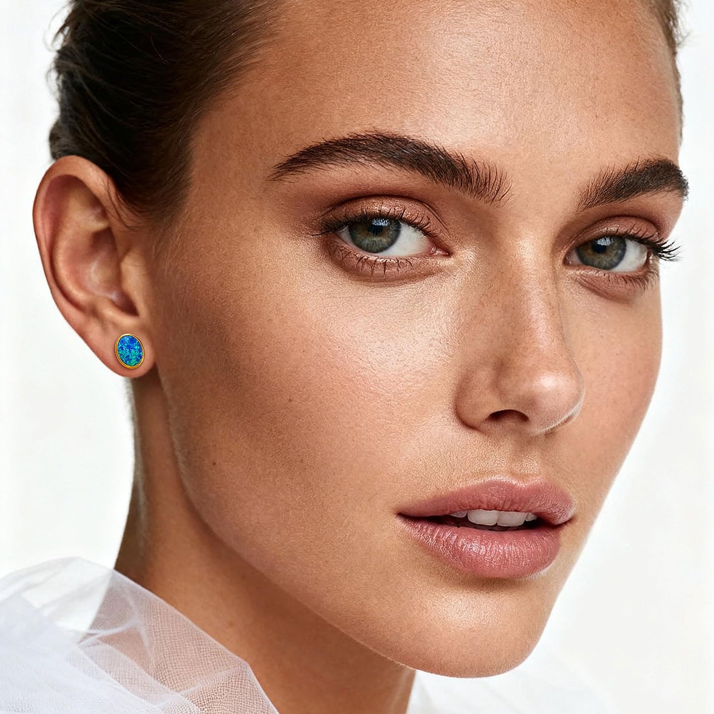 JiayangJY Silver Blue Fire Opal Stud Earrings for Women 18K Yellow Gold Plated Sterling Silver Oval Shape 5mm Opal Earrings with Push Back