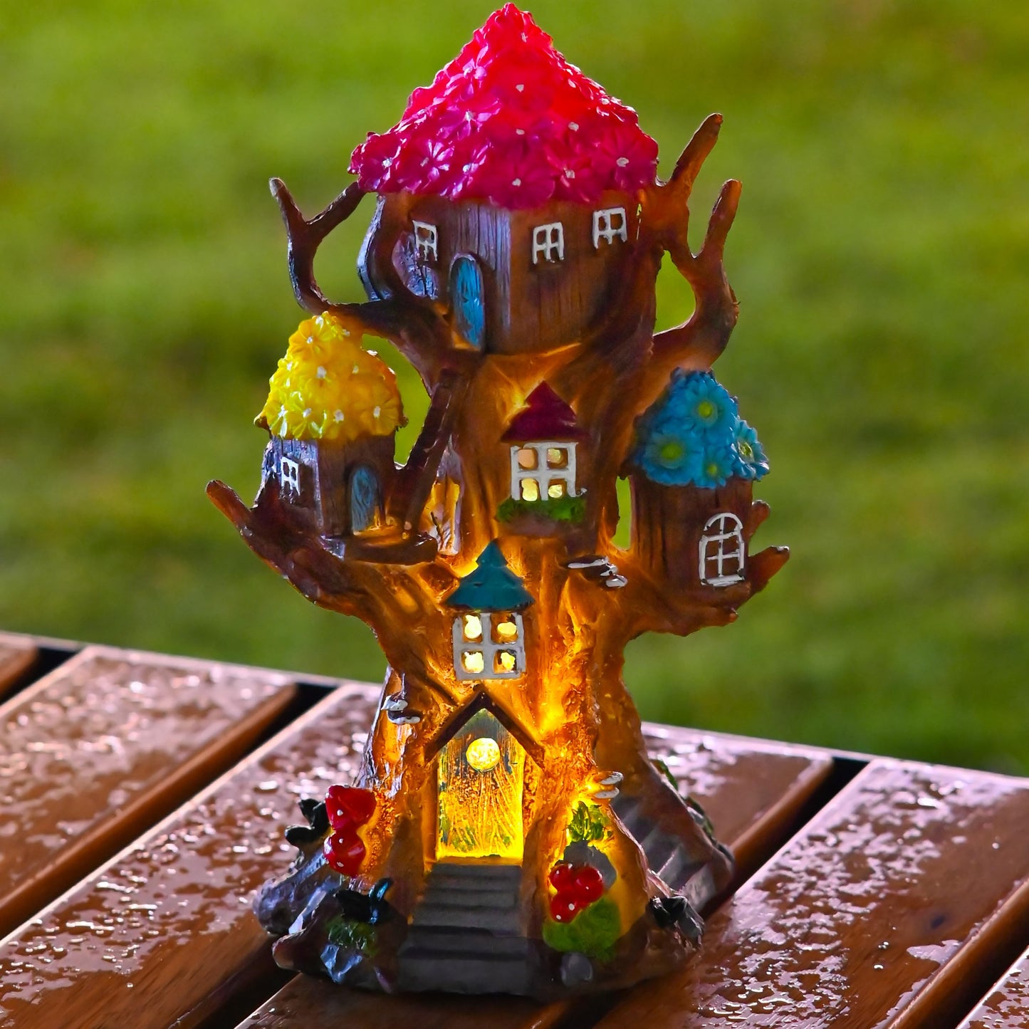 BLBYHO Solar Fairy House Large Fairy Garden Treehouse for Outside, Fairy Garden Accessories Outdoor, Garden Statues Fairy Tree House, for Home, Yard, Balcony Decor, Birthday Gifts for Kids