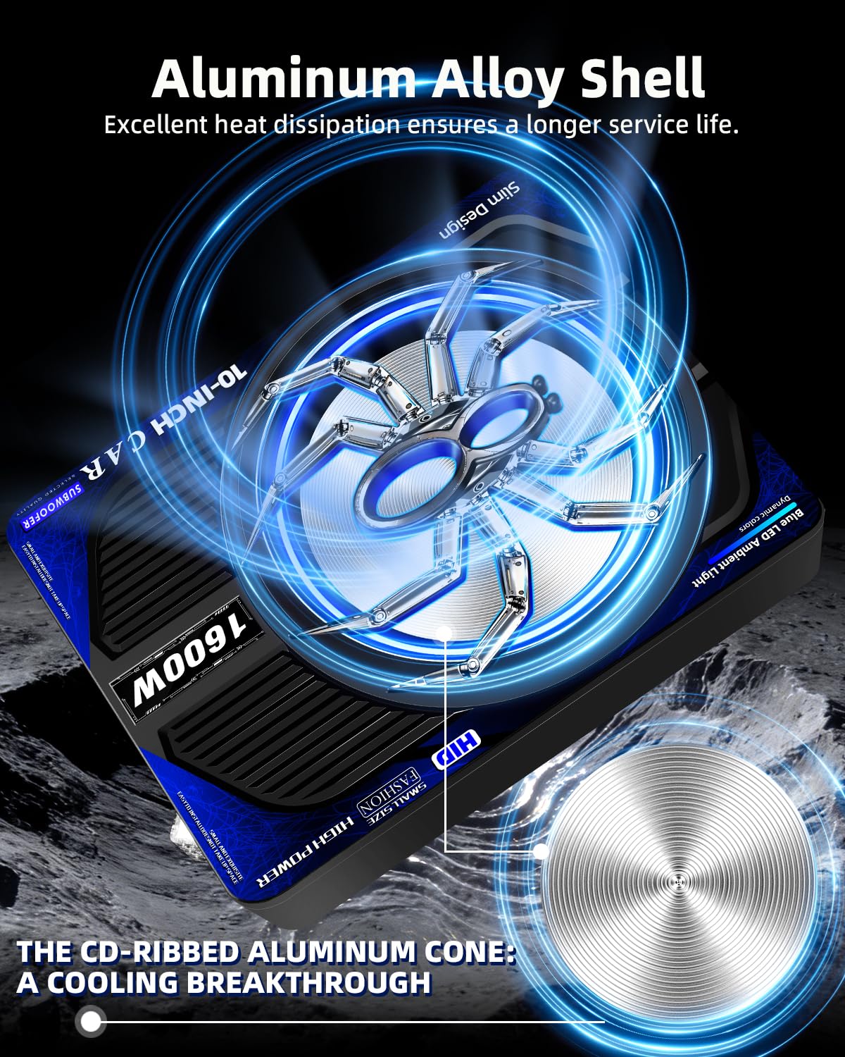 SUBPULSIX 1600W Slim Underseat Car Subwoofer and Amp Package, Powered Subwoofer Car Audio with Built-in Class D Amplifier, Subsonic Deep Bass, Cast Aluminum, LED Ambient Light Switch,for Truck SUV Car