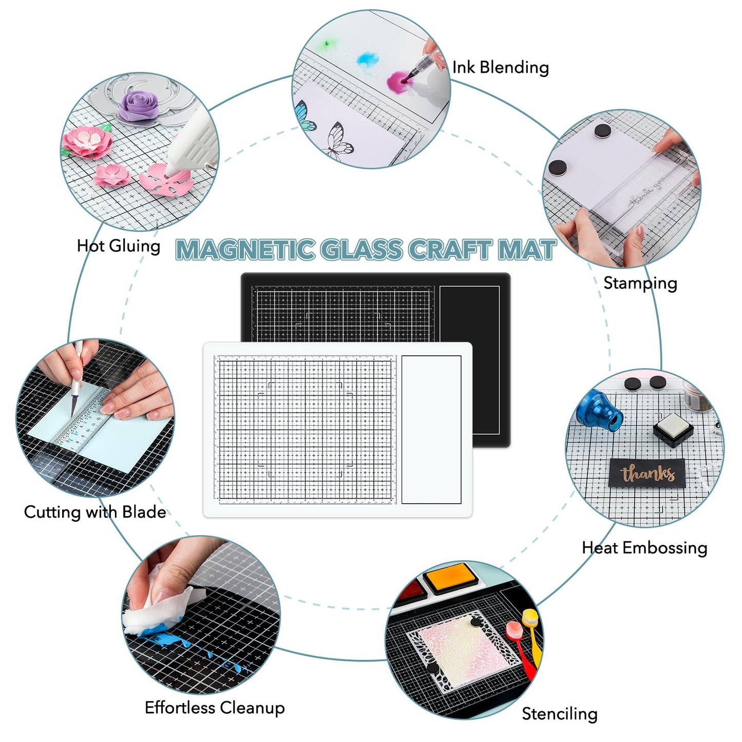 9Pcs/SetMagnetic Glass Craft Mat Set; 15.75"x10.24"Heat Resistant Glass Media Cutting Mat W/MagnetsGridlines and measurements; for Cutting, Stamping, Mixed Media, Heat Embossing and Hot Glue Projects