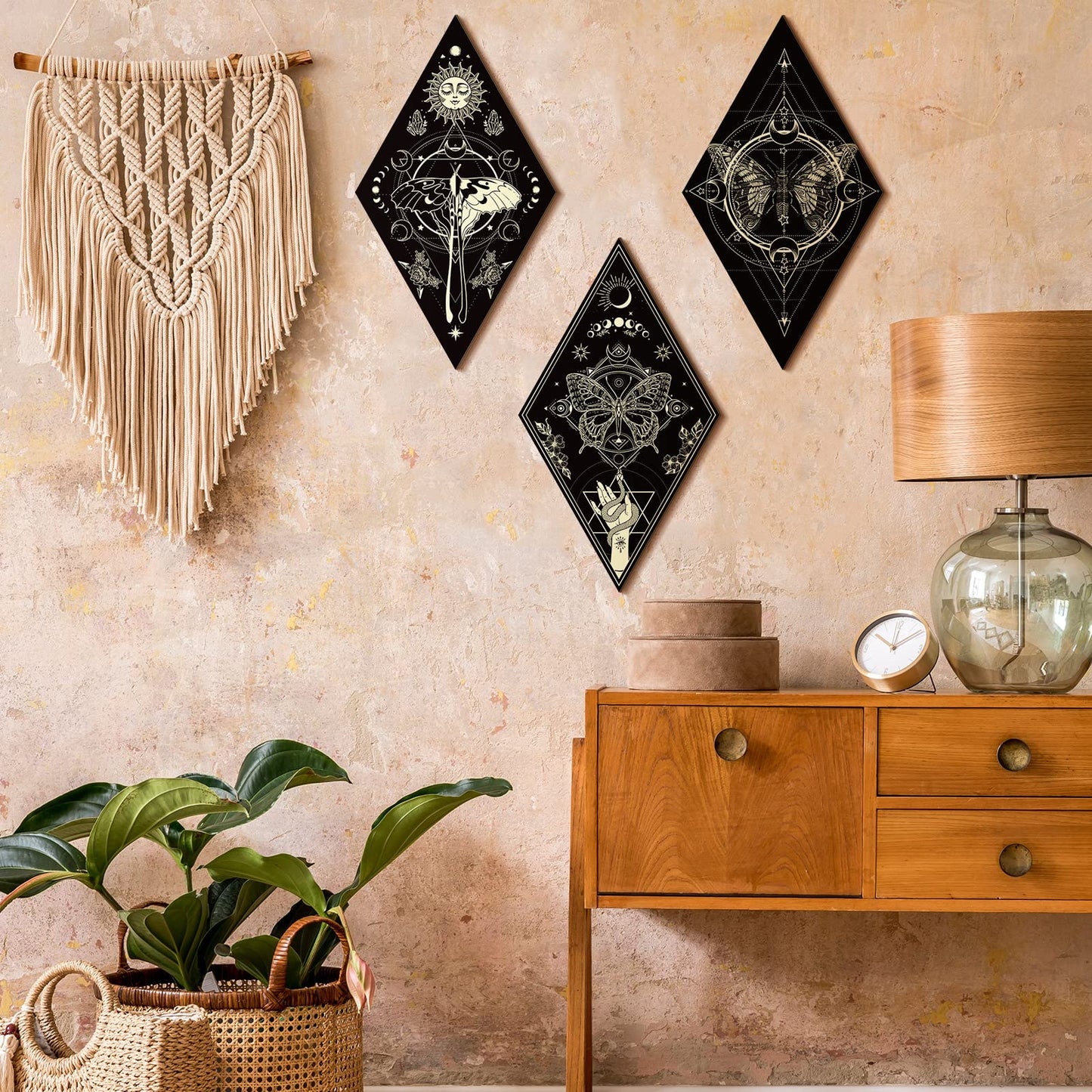 Sintuff 6 Pieces Gothic Wall Decor Boho Sun Moon Phases Wall Art Gothic Minimalist Stars Sun Hanging Wooden Home Decor Farmhouse Pediments for Gallery Living Bedroom Room(Mysterious)