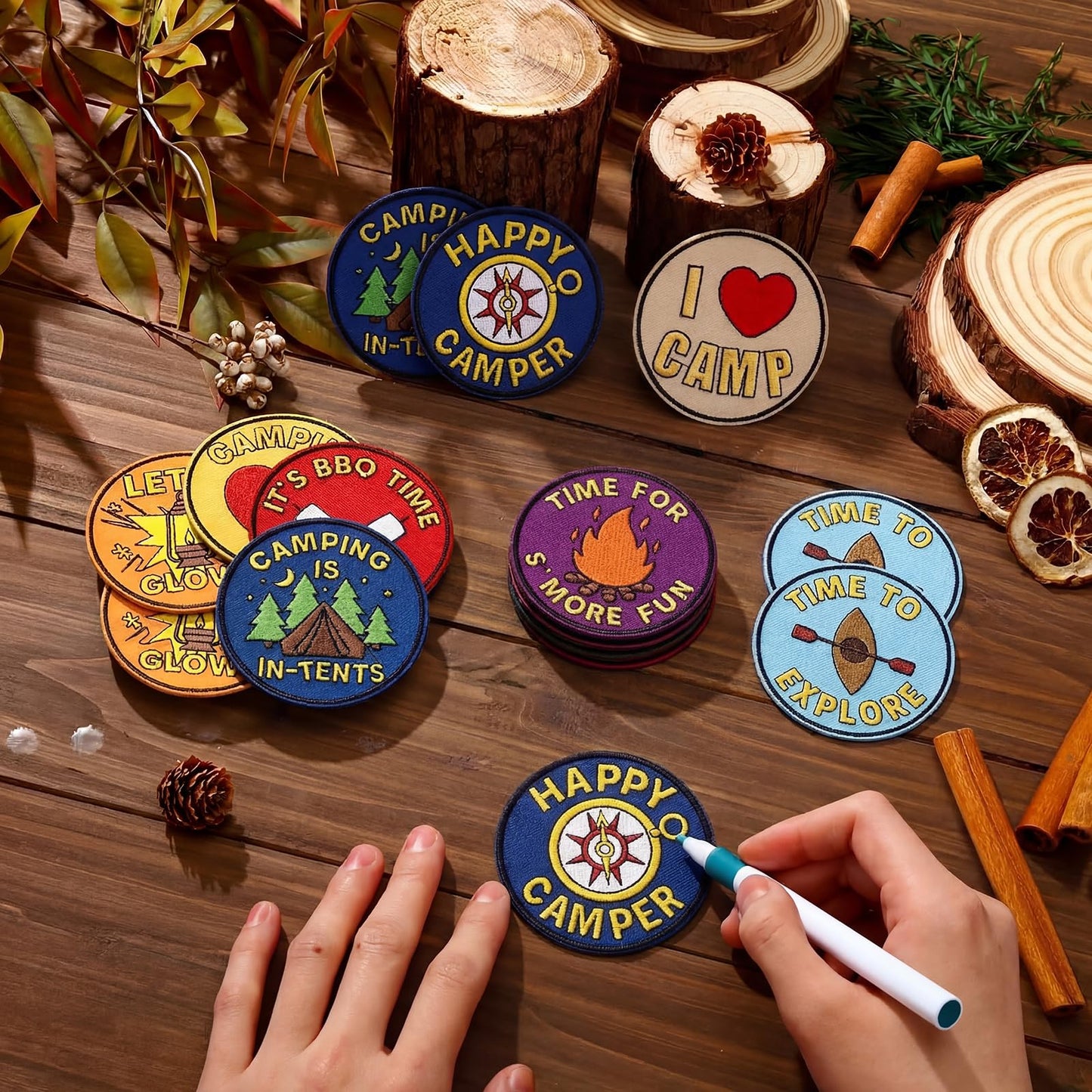 Lyrow 24 Pcs Camping Crafts Color Your Own Iron on Camp Patches Camping Coloring Iron on Embroidered Patches for Camp Party Activities DIY Clothes Hats Bags Backpack Sew Making