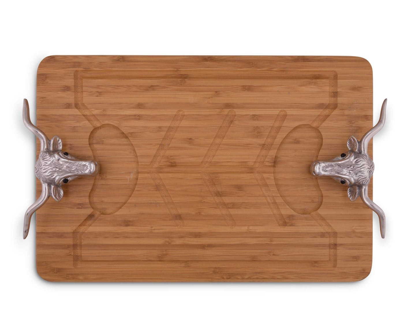 Arthur Court Designs Aluminum Longhorn Handle Bamboo Wood Carving/Cheese Board Large Tray for Serving Meats or Appetizer 20 inch x 13 inch