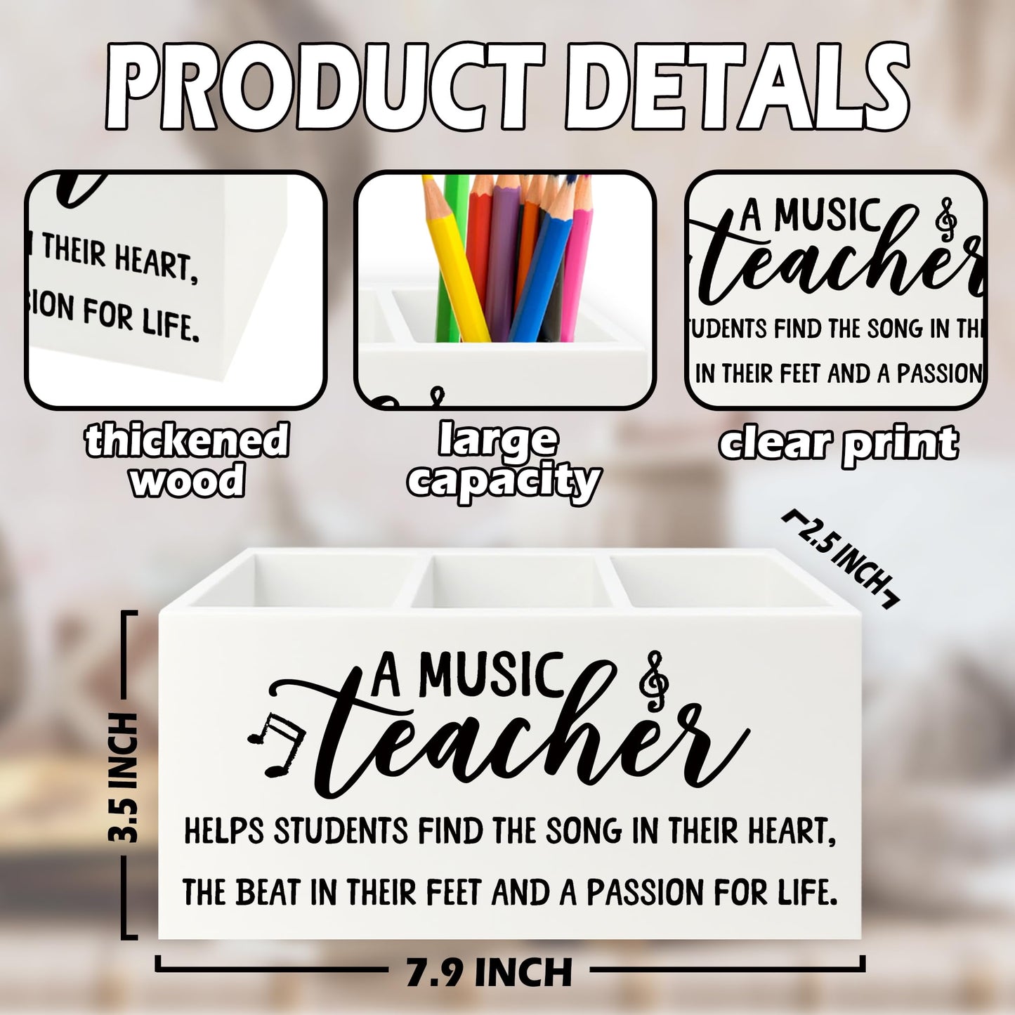 XPH Music Teacher Pen Pencil Holder Organizer for Desk, Music Teacher Gifts, Teachers Appreciation Gifts for Women Men Wooden Box Sign for Office Workplace Classroom Desk Tabletop Decorations