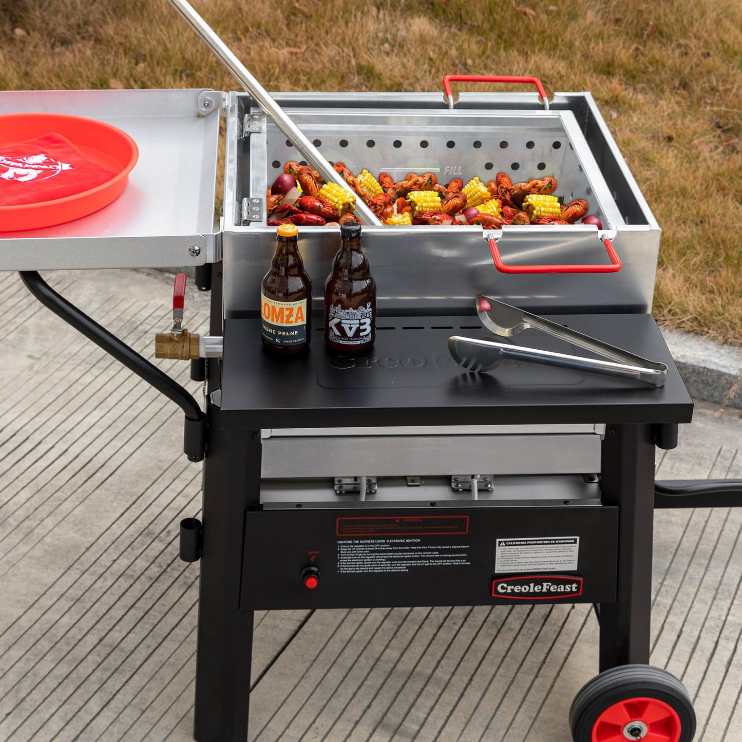 Creole Feast CFB1001A 90 QT Crawfish Boiler, Outdoor Single Sack Propane Gas Cooker with Folding Cylinder Mounting Bracket and Stirring Paddle for Seafood & Crawfish Season, Black