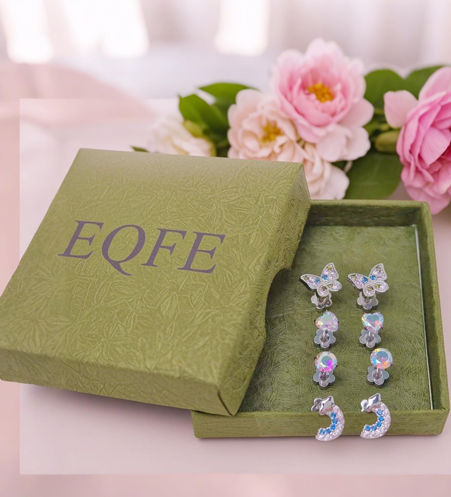 EQFE 4Pairs Hypoallergenic Earrings for Women 14K Gold Flat Back Earrings 20G Screw Back Cartilage Earring for Sensitive Skin CZ Heart Butterfly 316L Stainless Steel Stud Earrings
