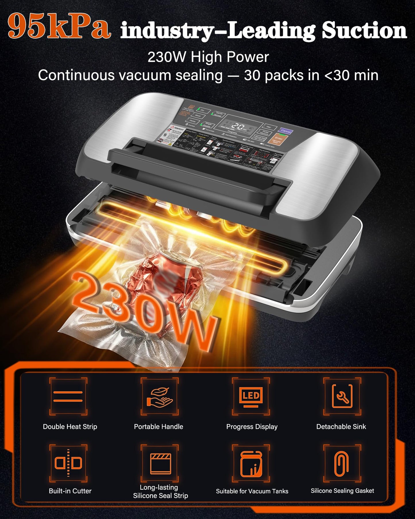 95kPa Food Vacuum Sealer Machine, Powerful 230W Vacuum Pack System with Double Heat Seal for Moist & Dry Food, 12-in-1 Automatic Sealer Includes Built-in Cutter, Hose for Jars & Wine, 1 Roll + 10 Bags