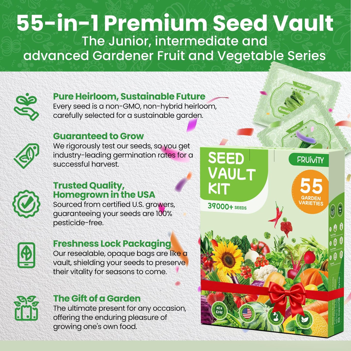 55 Vegetable Seeds Variety Pack - 39,000+ Heirloom Seeds for Planting Vegetables and Fruits, Outdoor Garden Seeds for Planting Gift for Mother, Women, Mom, Friend