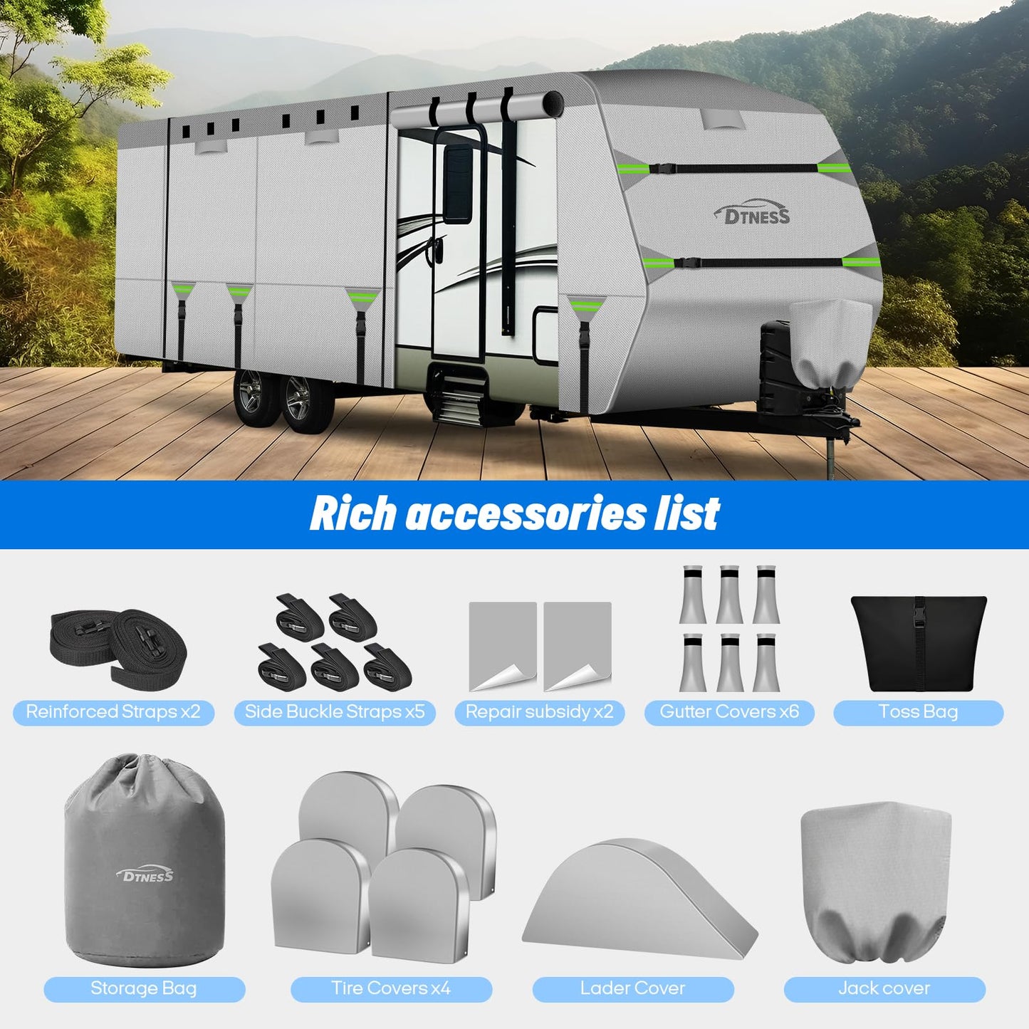 DTNESS Travel Trailers RV Cover 24-27FT, 7-Layer Thick Heavy Duty Rip-Stop Camper Cover with Tongue Jack Cover, Tire Covers, Straps & Storage Bag, Tearproof, Waterproof, Snowproof, Windproof & Anti-UV
