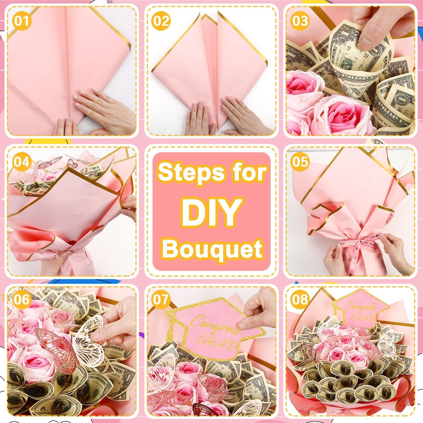 AUGSUN Graduation Money Bouquet Kit, 147 Pcs DIY Bouquet Making Supplies with Folded Bills Wrapping Paper 3D Butterflies for Graduation Gift Class of 2026 Gifts