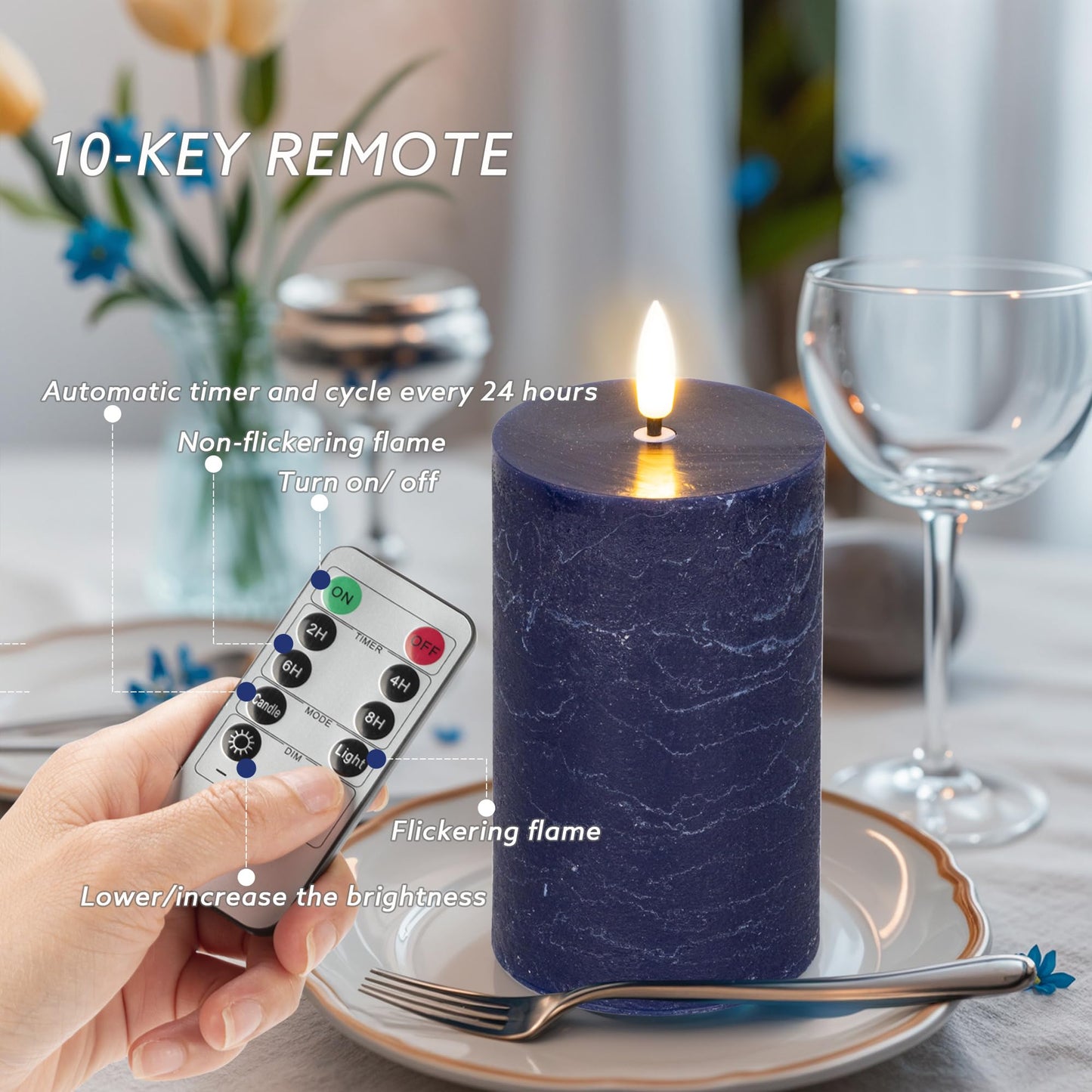 AFINETH Blue Flameless Pillar Candles, Battery Operated Candles with Remote, Real Wax Flickering LED Candles for Home Party Wedding Holiday Decor, Set of 4, Φ 3" H 4"" 5"" 6"" 8"""